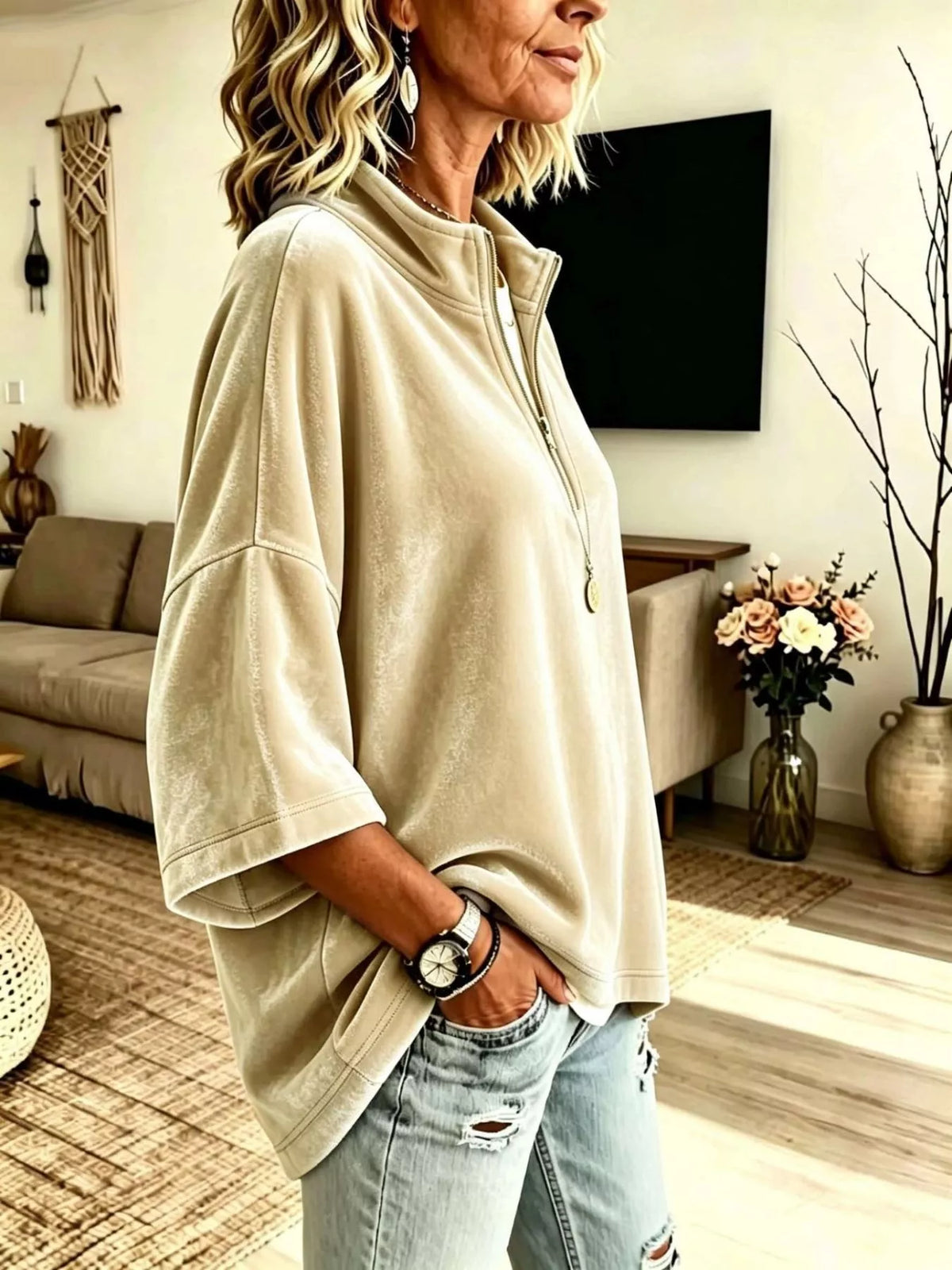 Full Size Velvet Quarter-Zip Sweatshirt Plus Size, view 3
