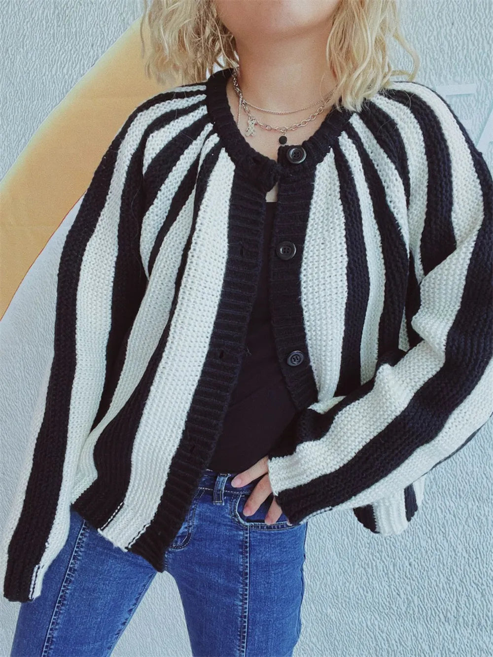 Contrast Stripes Button Down Long Sleeve Cardigan - Lilixa.store