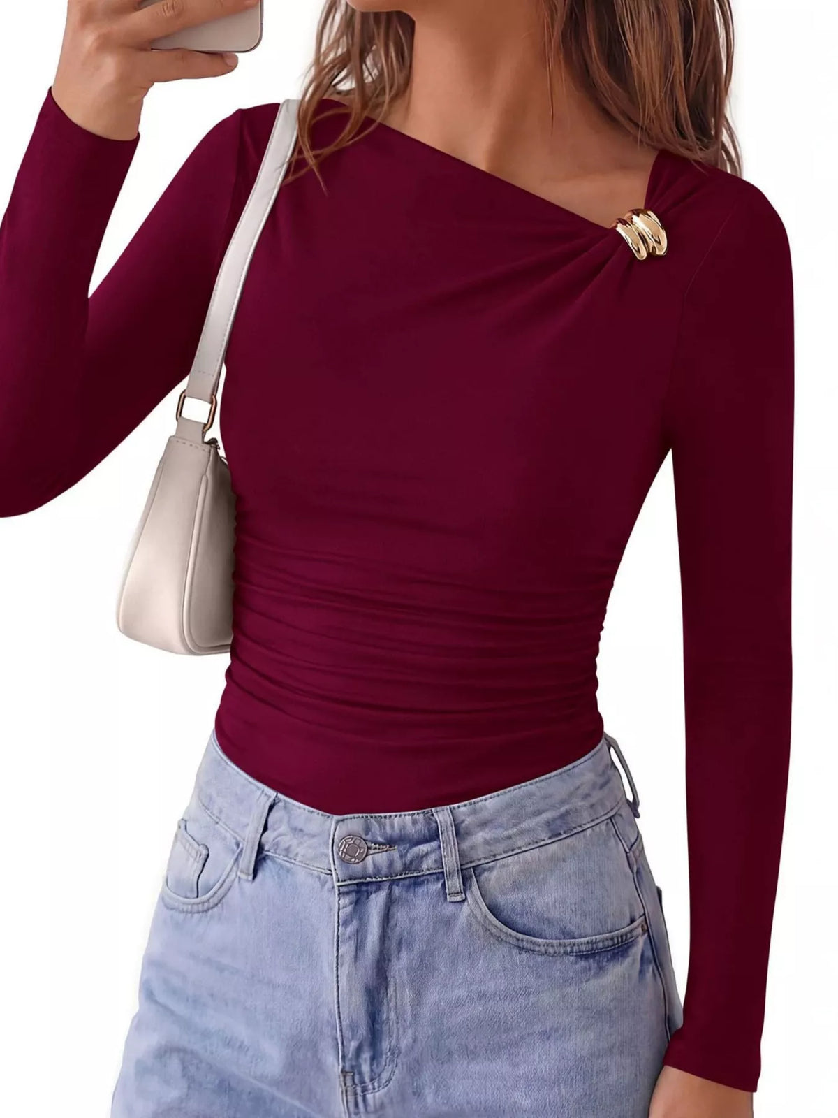 Metal Detail Long Sleeve T-Shirt - Lilixa.store