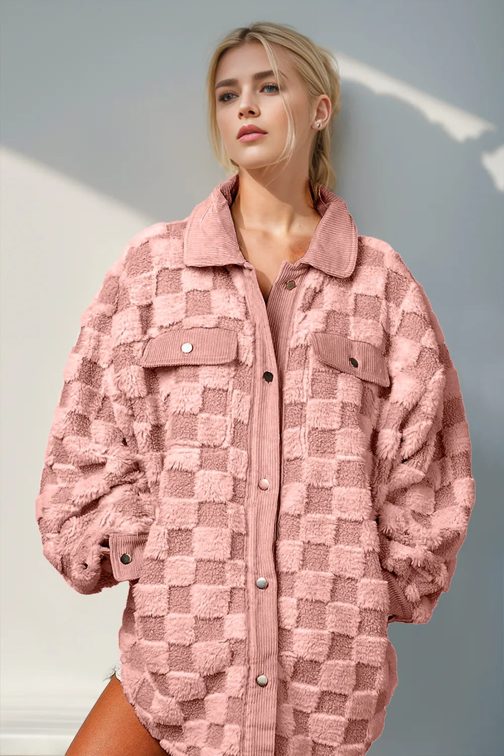Double Take Button Up Fuzzy Checkered Shacket in Dusty Pink