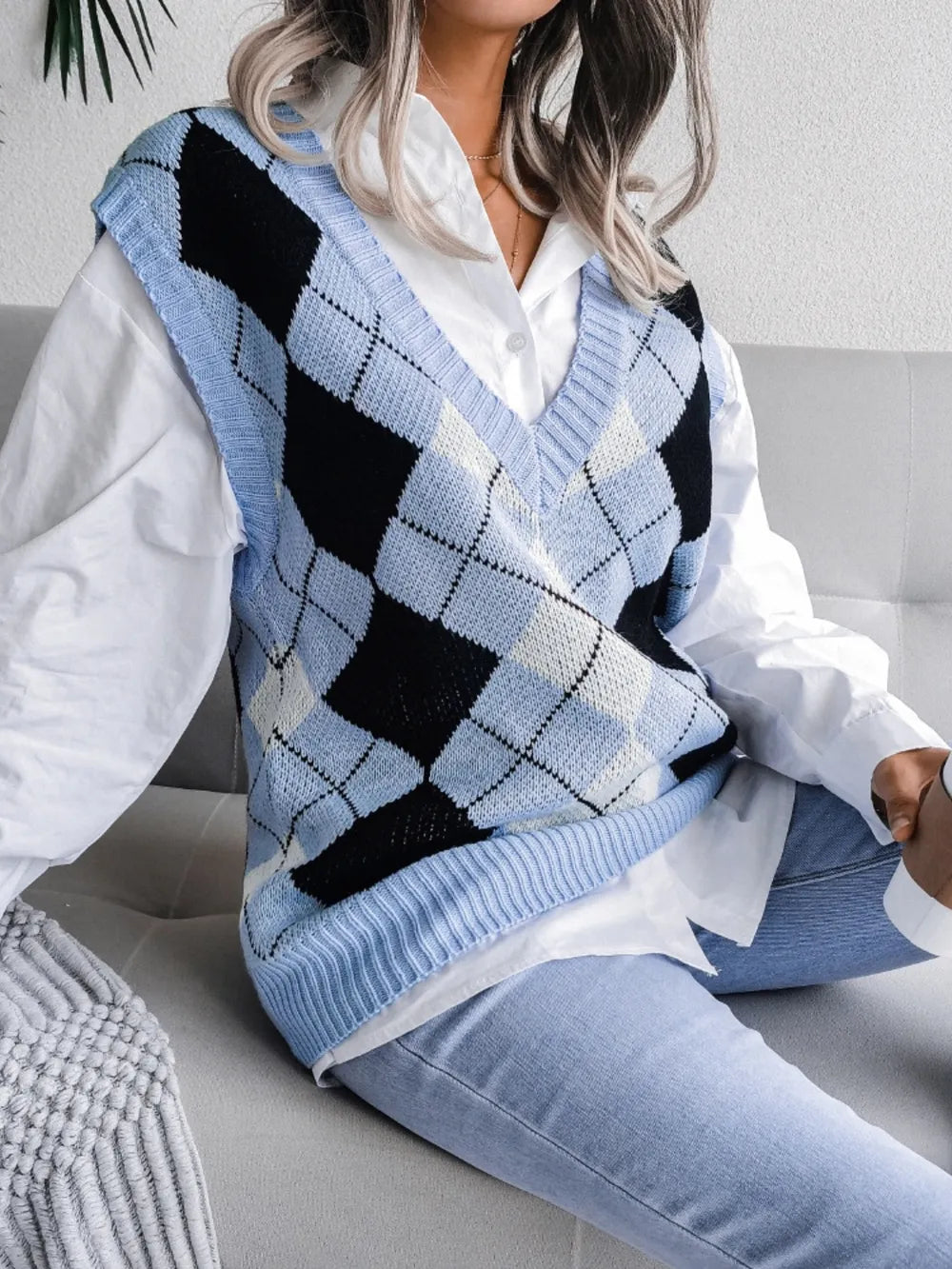 Plaid V-Neck Sweater Vest - Lilixa.store