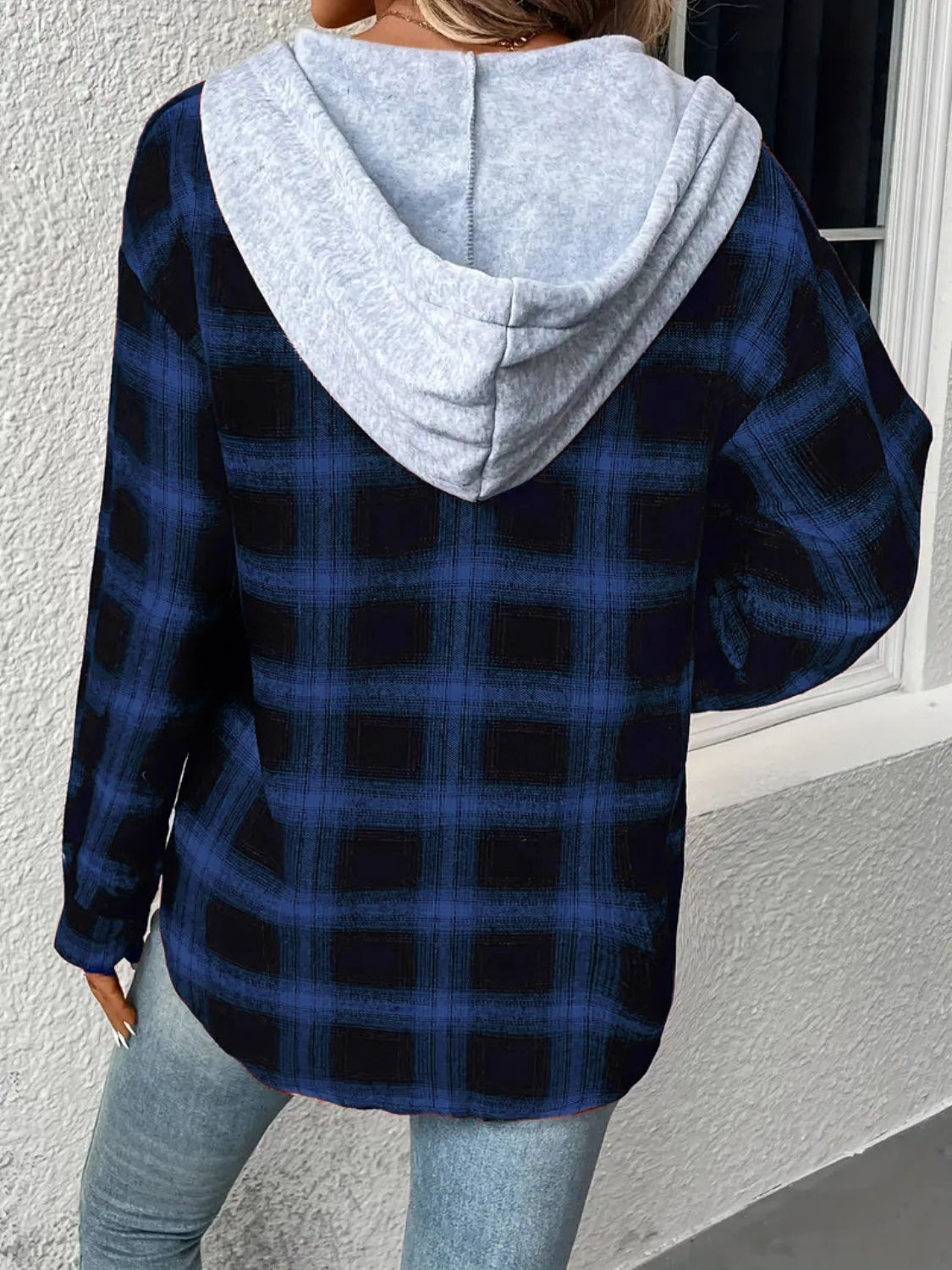 Plaid Drawstring Button Up Hooded Jacket, view 6