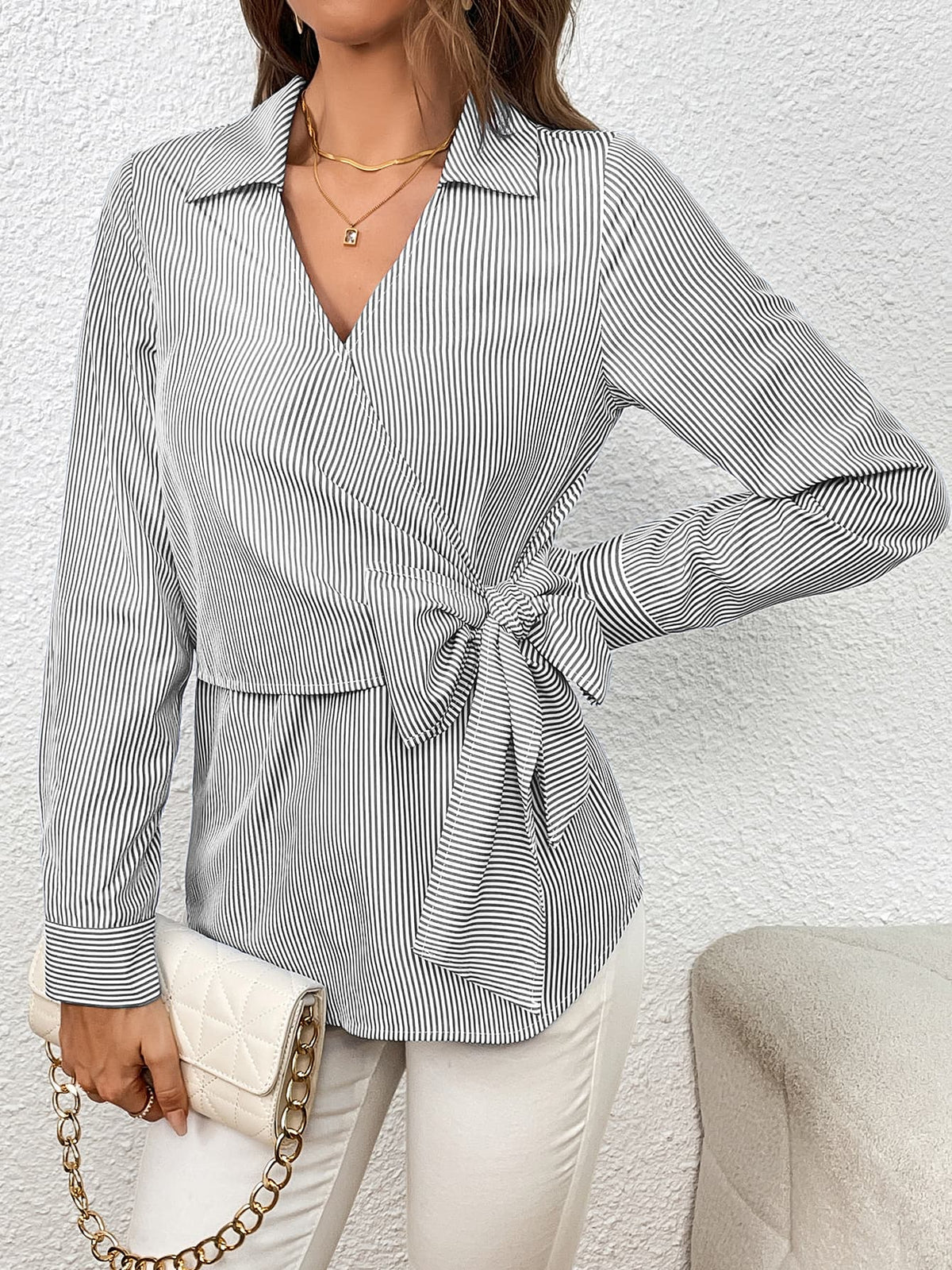 Ivy Lane Bow Tie Waist Johnny Collar Neck Striped Blouse, view 10