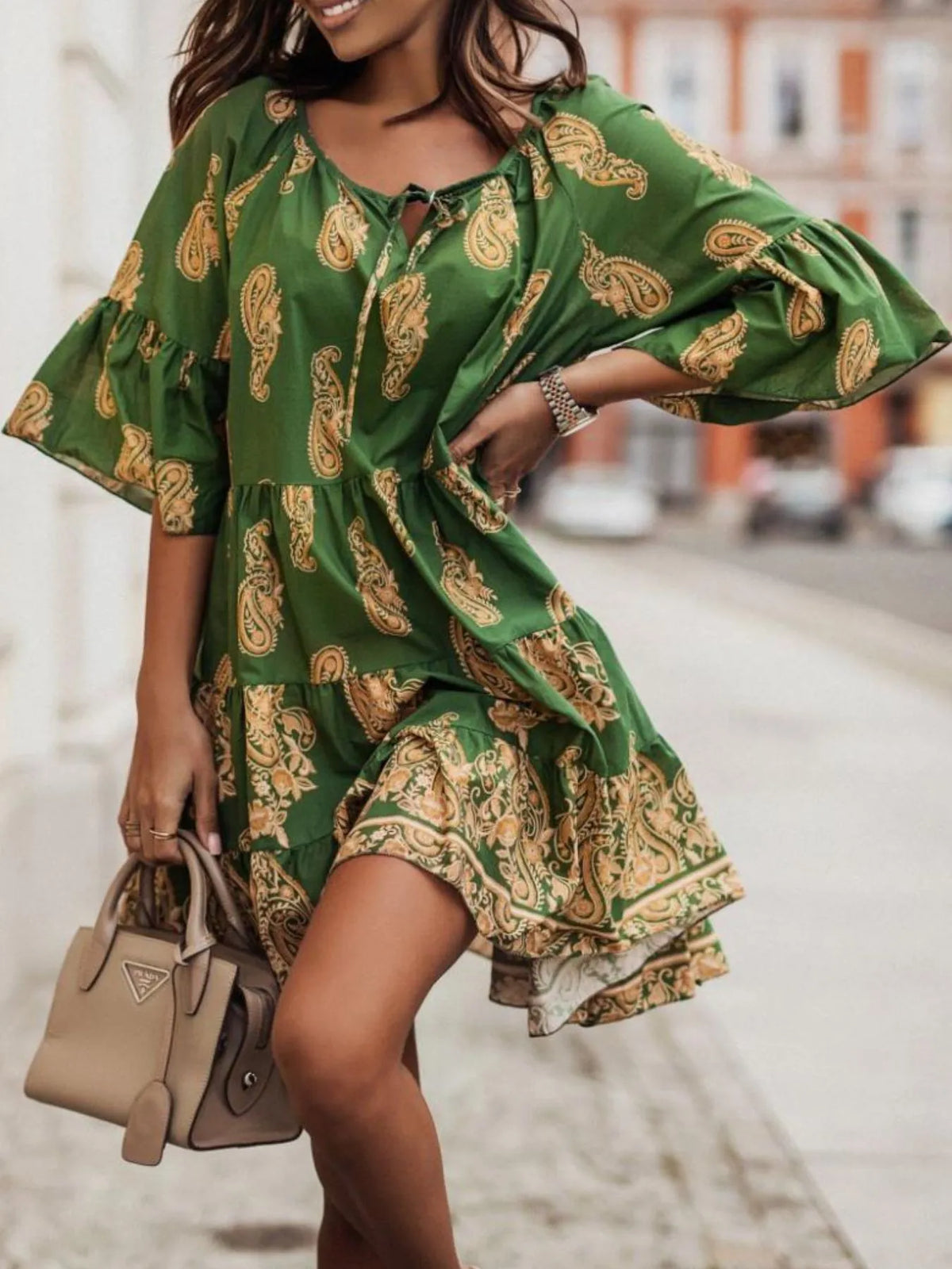 Paisley Print Tie Neck Half Sleeve Mini Dress