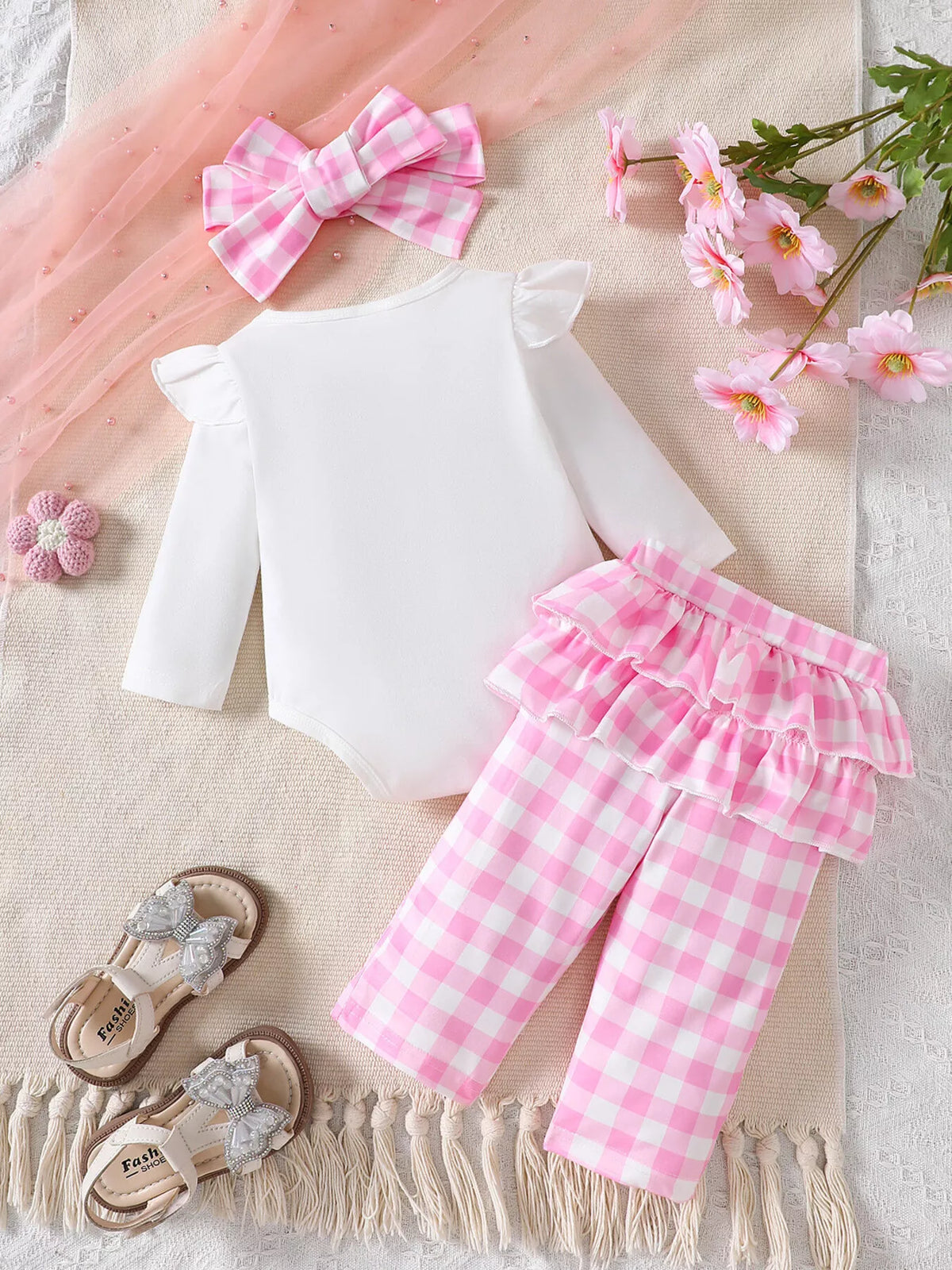 Children's Ruffled Bow Graphic Bodysuit and Pants Set with Headband - Lilixa.store