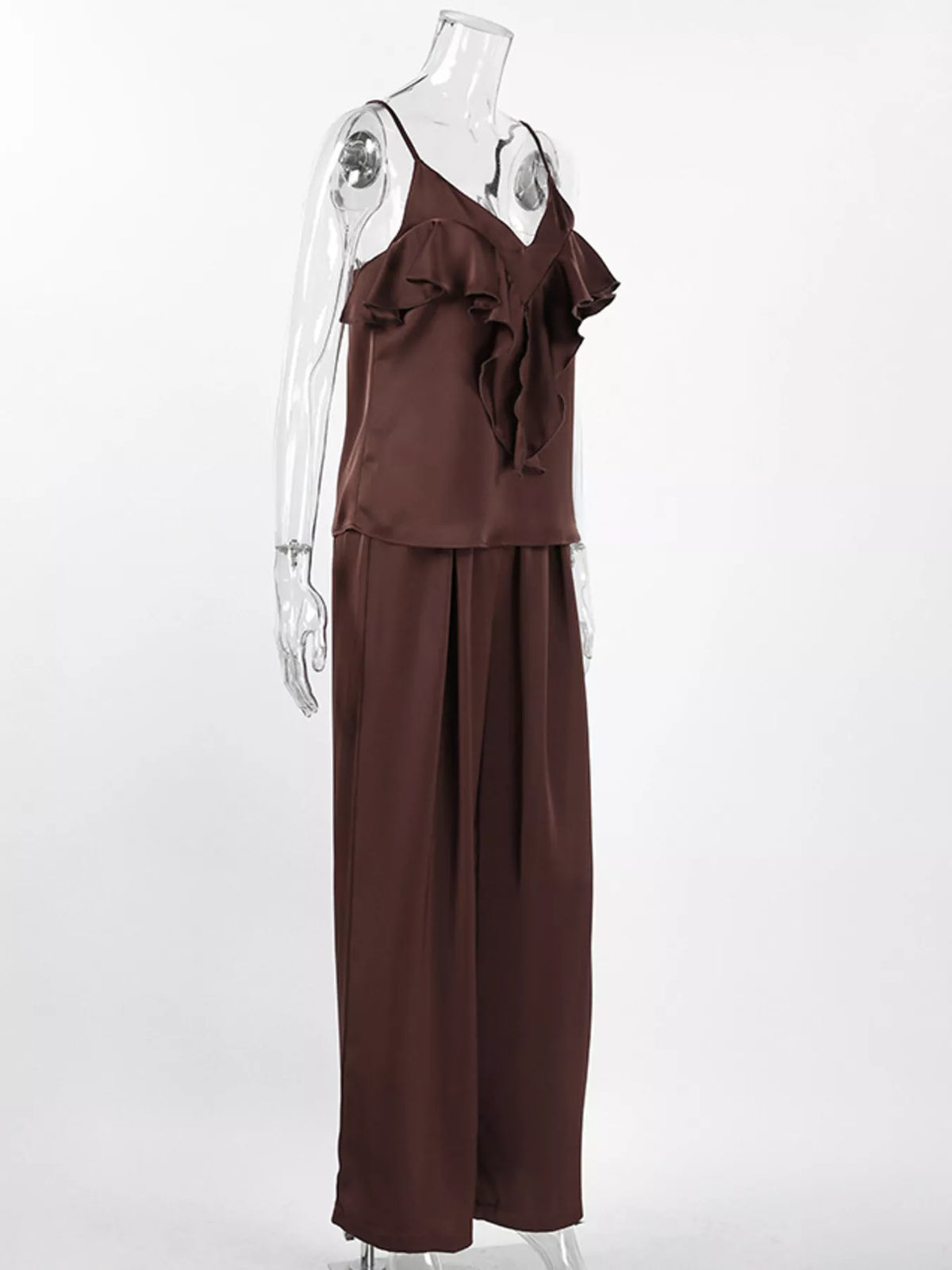 Ruffle V-Neck Cami and Wide-Leg Pants Two-Piece Set in Brown, view 8