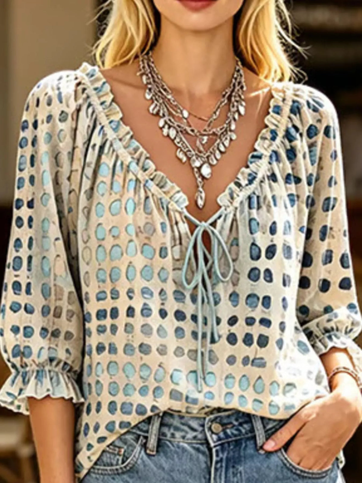 Full Size Tie Neck 3/4 Sleeve Blouse Plus Size - Lilixa.store