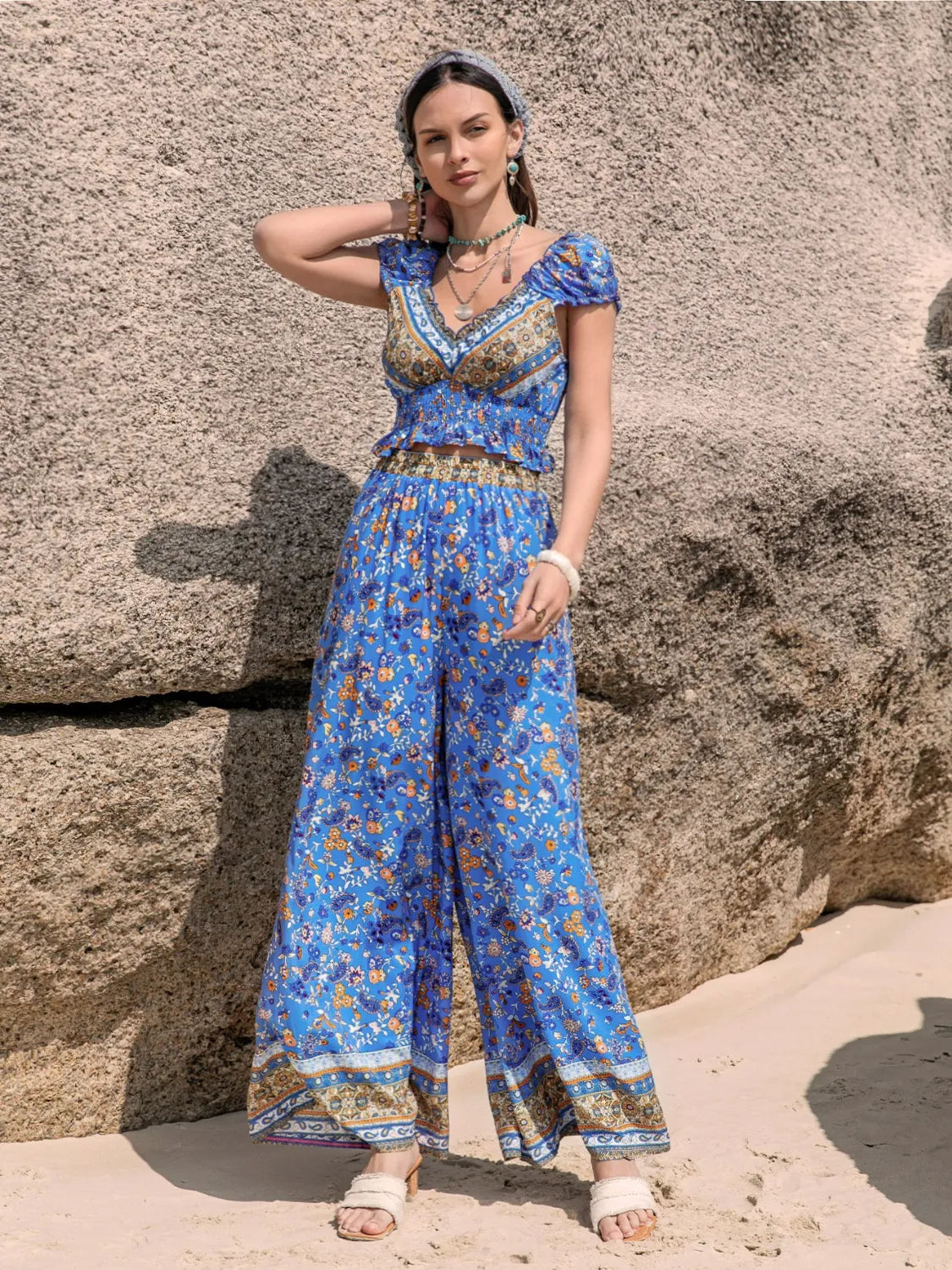 Printed V-Neck Top and Pants Set - Lilixa.store