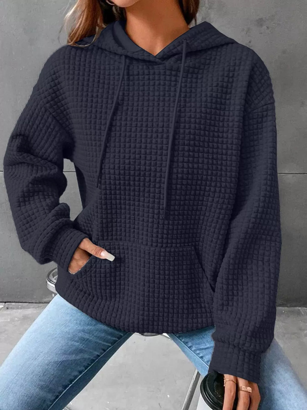 Full Size Textured Kangaroo Pocket Hoodie Plus Size - Lilixa.store