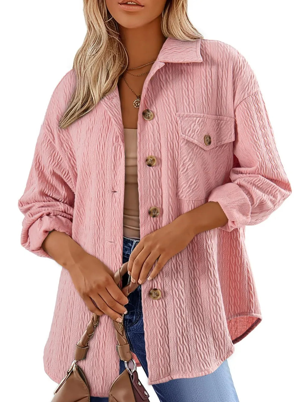 Textured Button Up Long Sleeve Shacket, view 13
