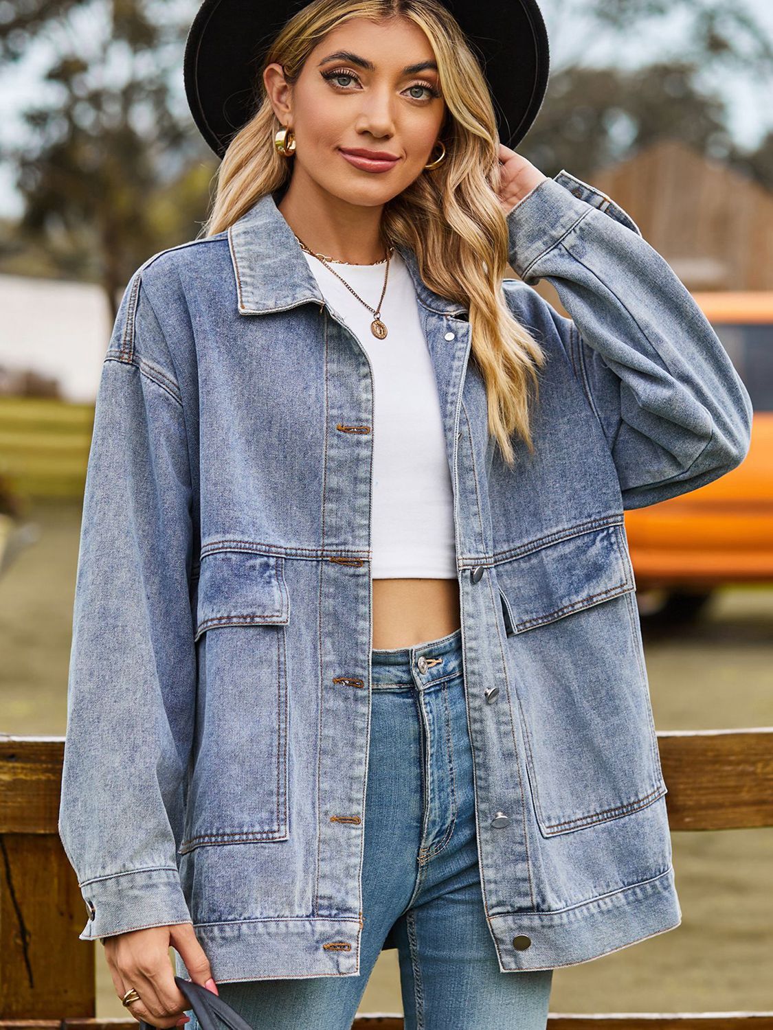 Dropped Shoulder Denim Jacket with Pockets in Dark Gray, view 5