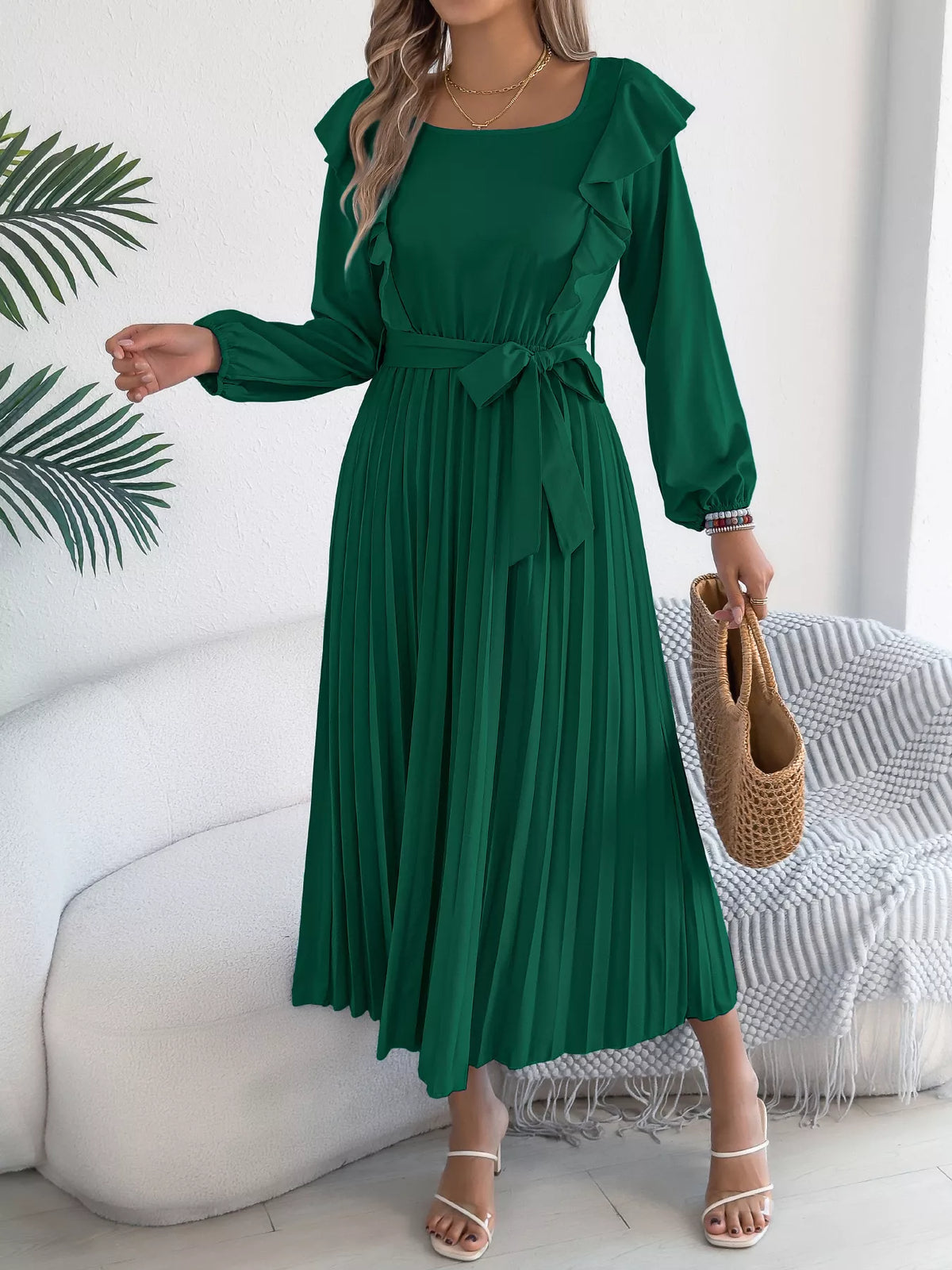 Ruffled Pleated Midi Dress with Waist Tie, view 9