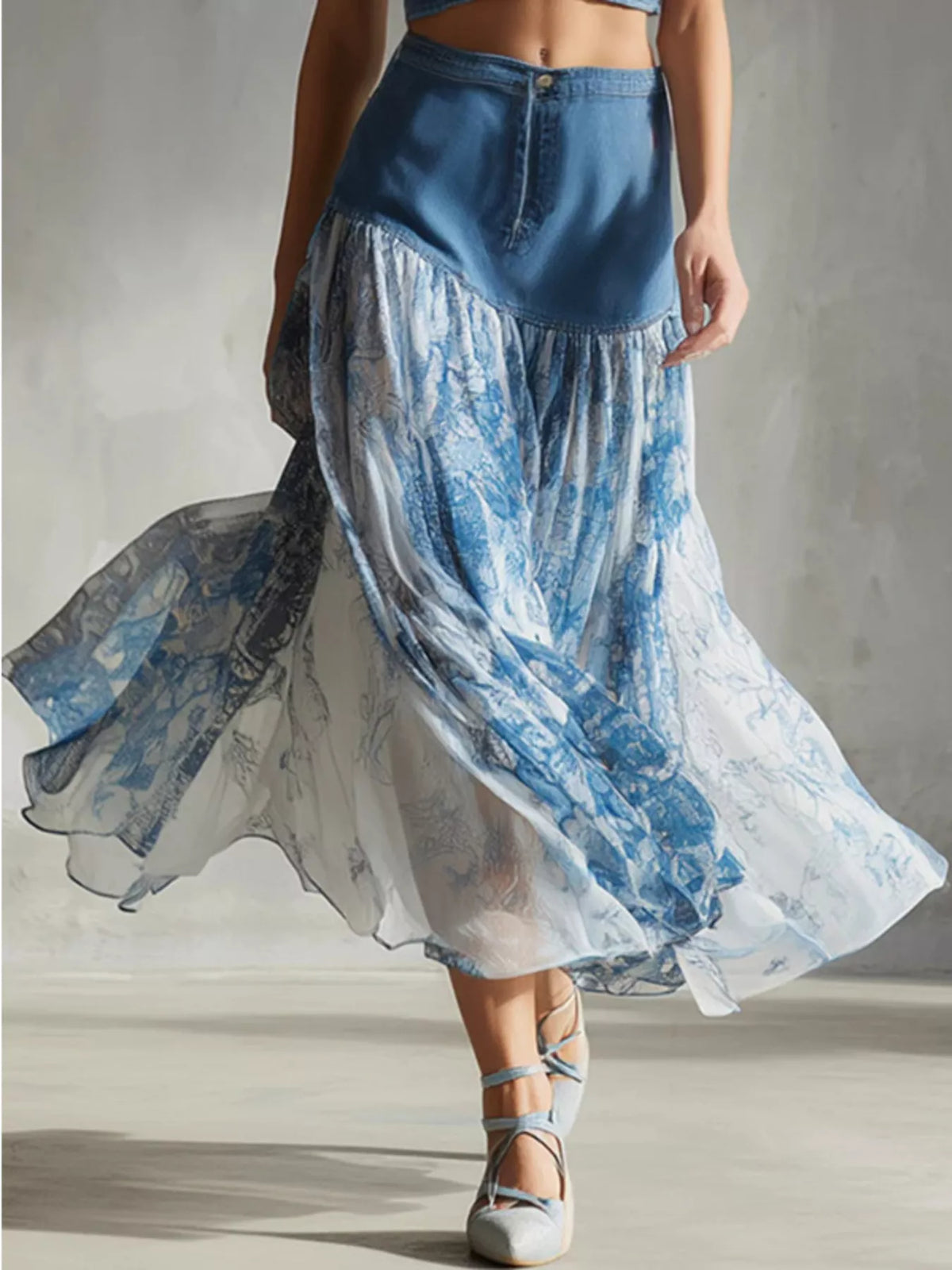 Denim-Paneled Floral Print Skirt - Lilixa.store