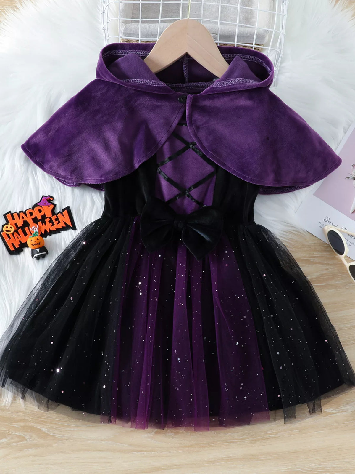 Children's Velvet Hooded Cape and Tulle Dress Halloween Witch Costume Set - Lilixa.store