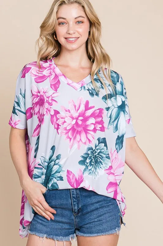 BOMBOM Floral V-Neck Short Sleeve T-Shirt - Lilixa.store