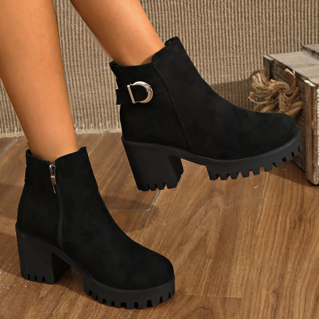 Round Toe Block Heels Boots in Black, view 5