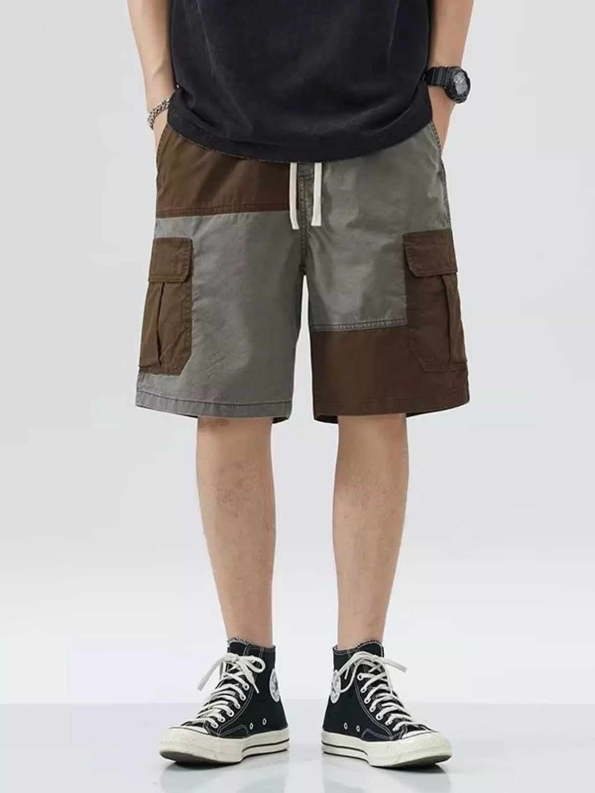 Men's Plus Size Two-Tone Cargo Shorts with Drawstring in Gray