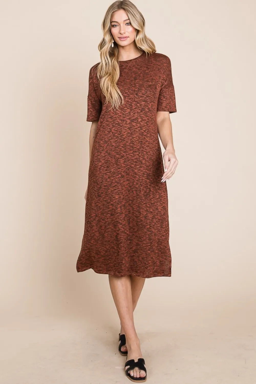 BOMBOM Round Neck Side Slit Midi Dress - Lilixa.store