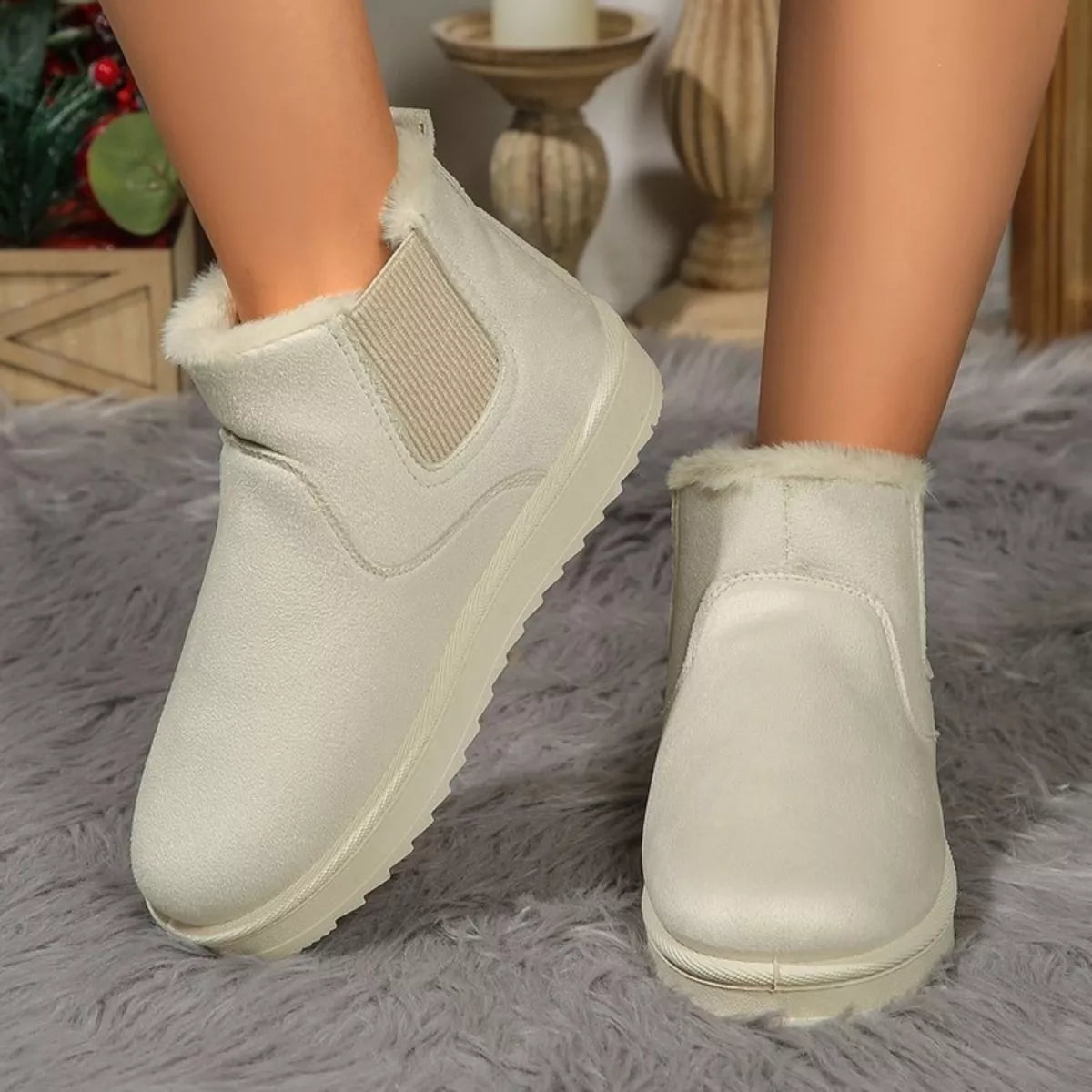 Plush Lined Slip-On Chelsea Winter Boots in Beige