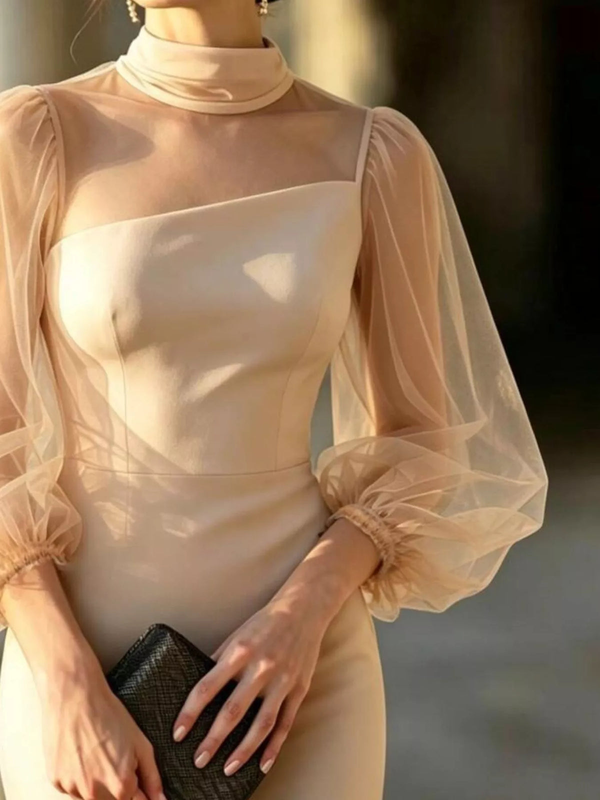 Mock Neck Sheer Puff Sleeve Bodycon Dress