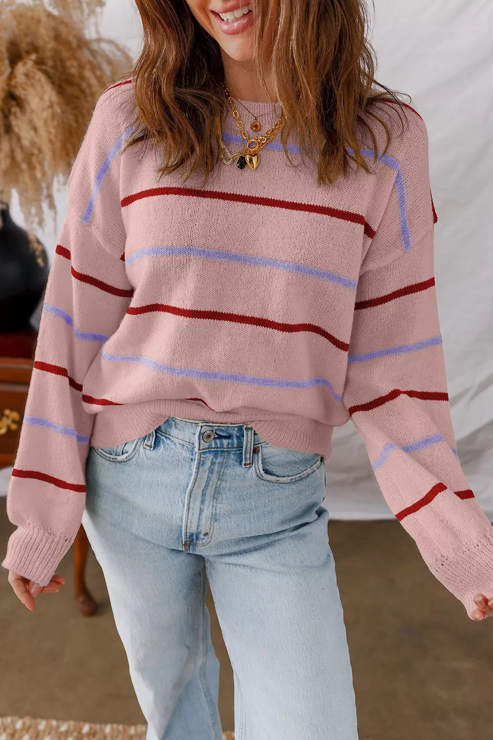 Striped Drop Shoulder Long Sleeve Sweater - Lilixa.store