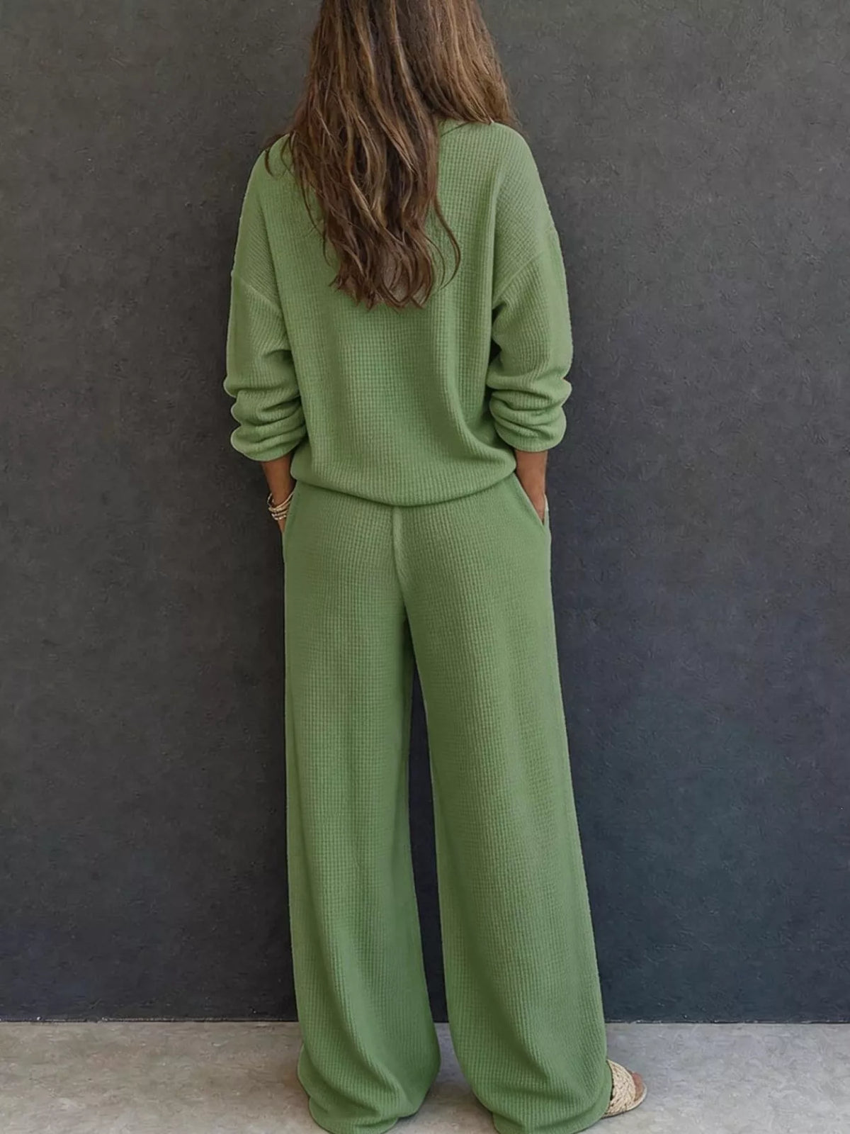 Waffle Knit Henley Top and Wide Leg Pants Set - Lilixa.store