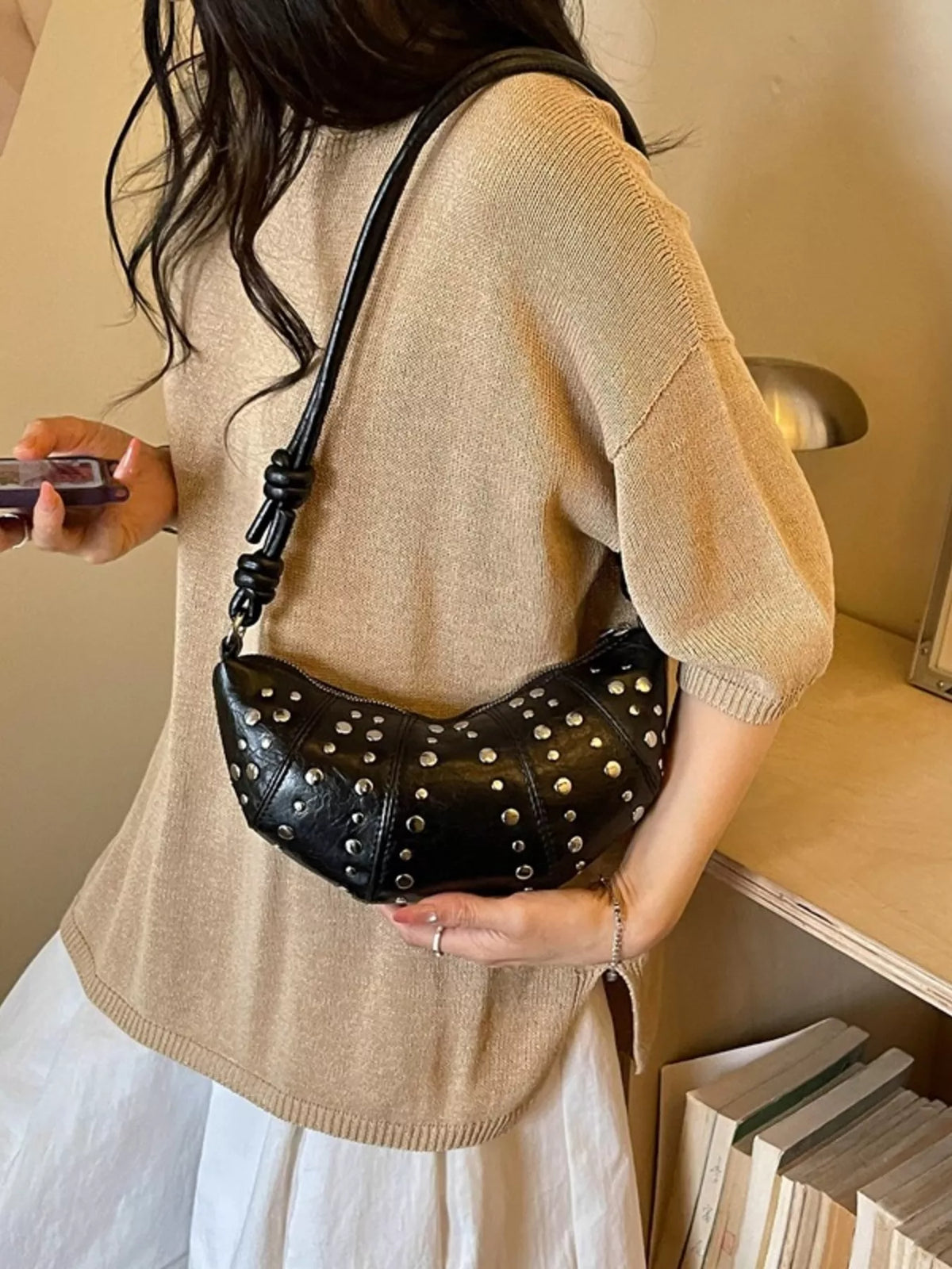 Studded Crescent Shoulder Bag - Lilixa.store