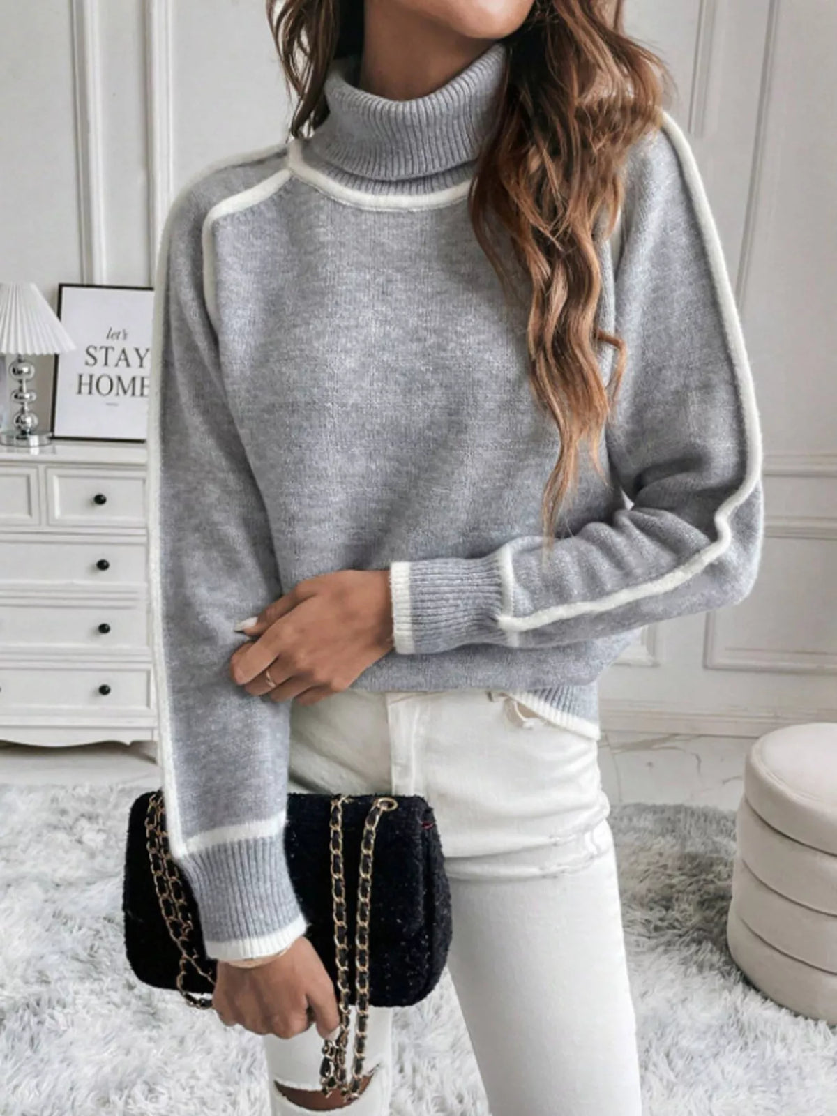Full Size Contrast Trim Ribbed Hem Turtleneck Sweater Plus Size