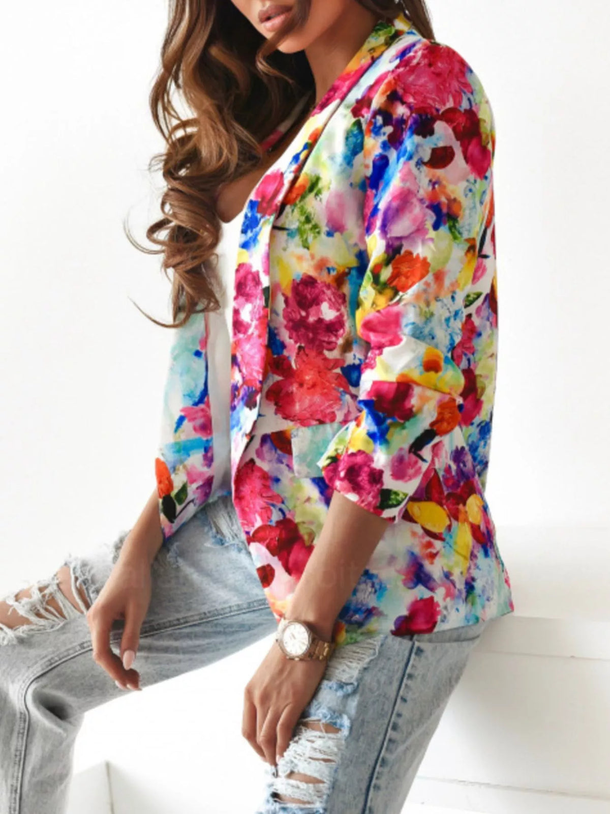 Vibrant Floral Print Open Front Blazer - Lilixa.store