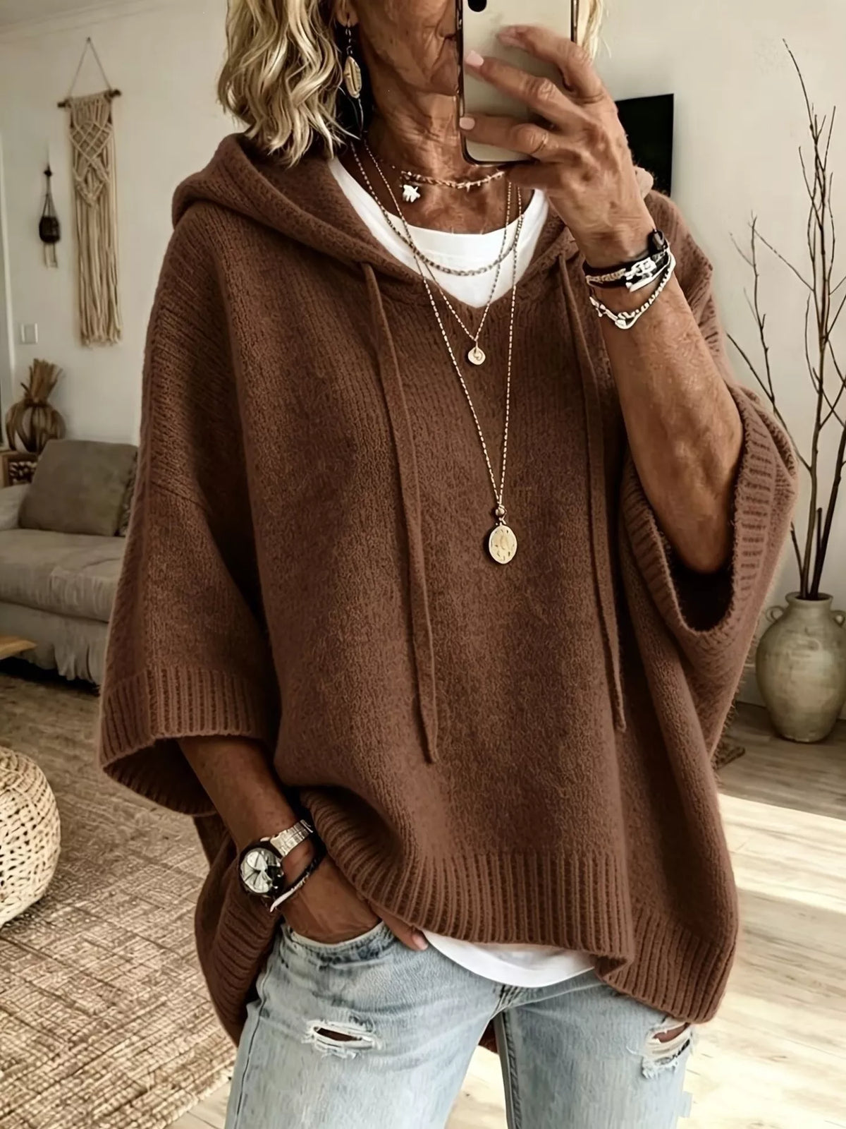 Full Size Casual Hooded Batwing Sleeve Knit Sweater Plus Size - Lilixa.store