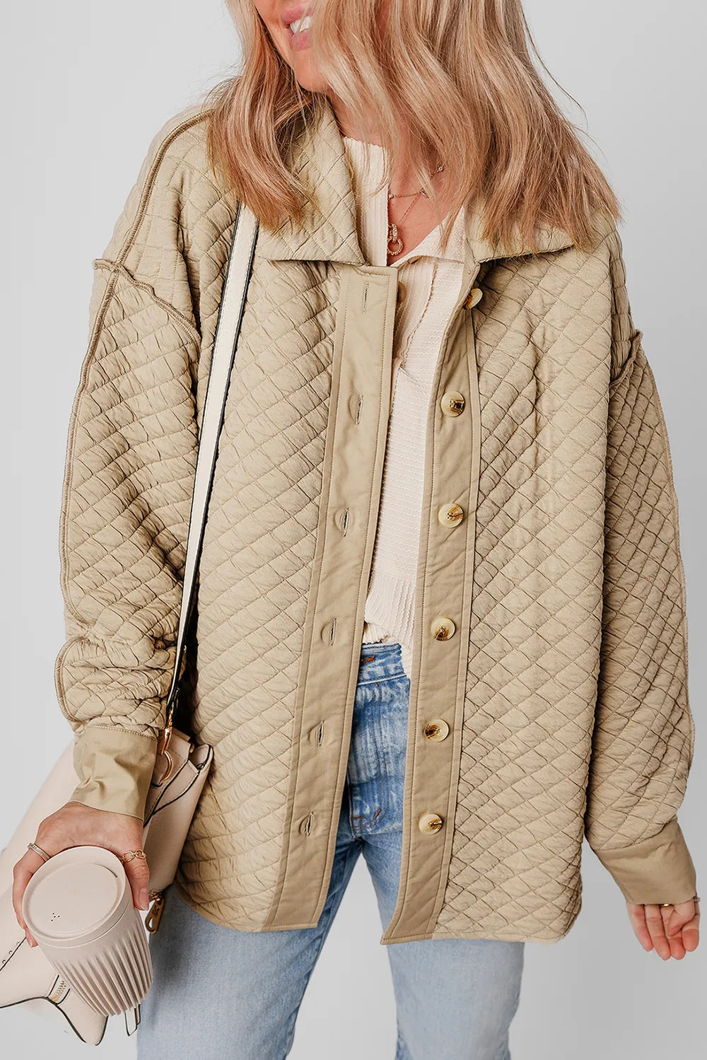 Exposed Seam Collared Neck Button Up Shacket in Beige, view 2