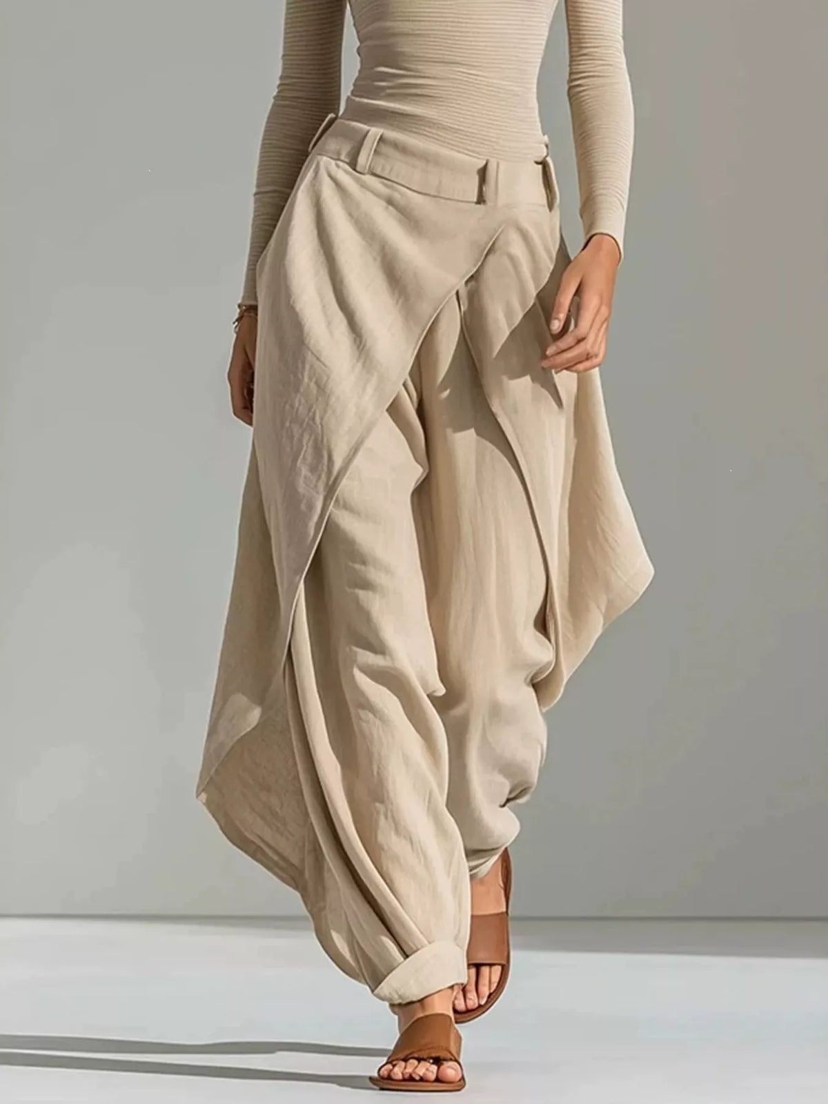 Boat Neck Long Sleeve Top and Wrap-Front Wide Leg Pant Set in Apricot, view 3