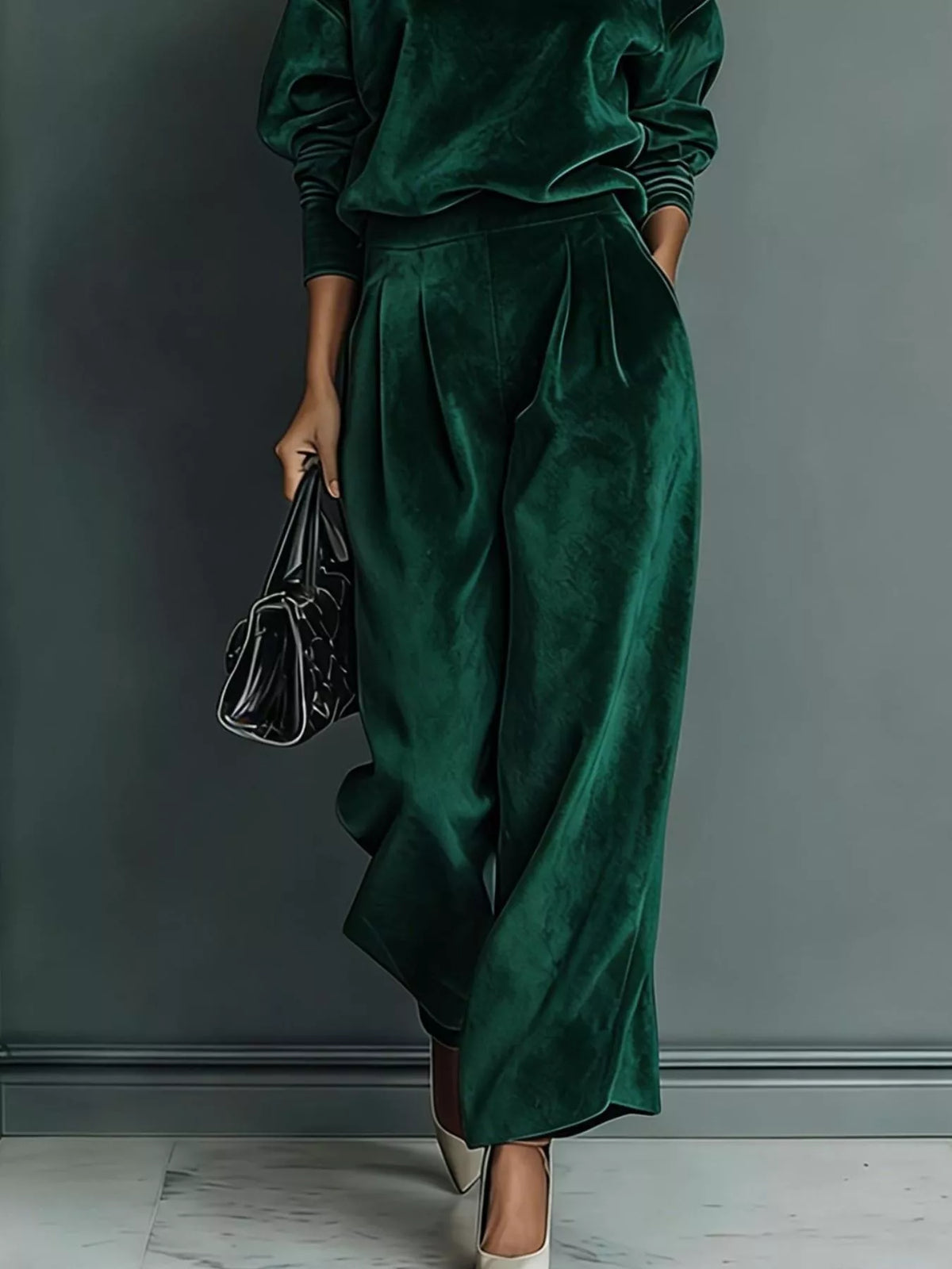Full Size Elegant Velvet Mock Neck Long Sleeve Top and Wide-Leg Pants Set Plus Size, view 5