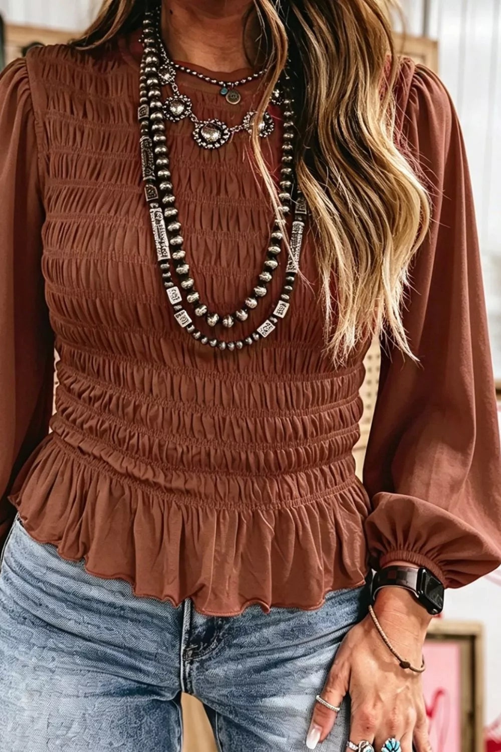 Smocked Balloon Sleeve Peplum Blouse - Lilixa.store