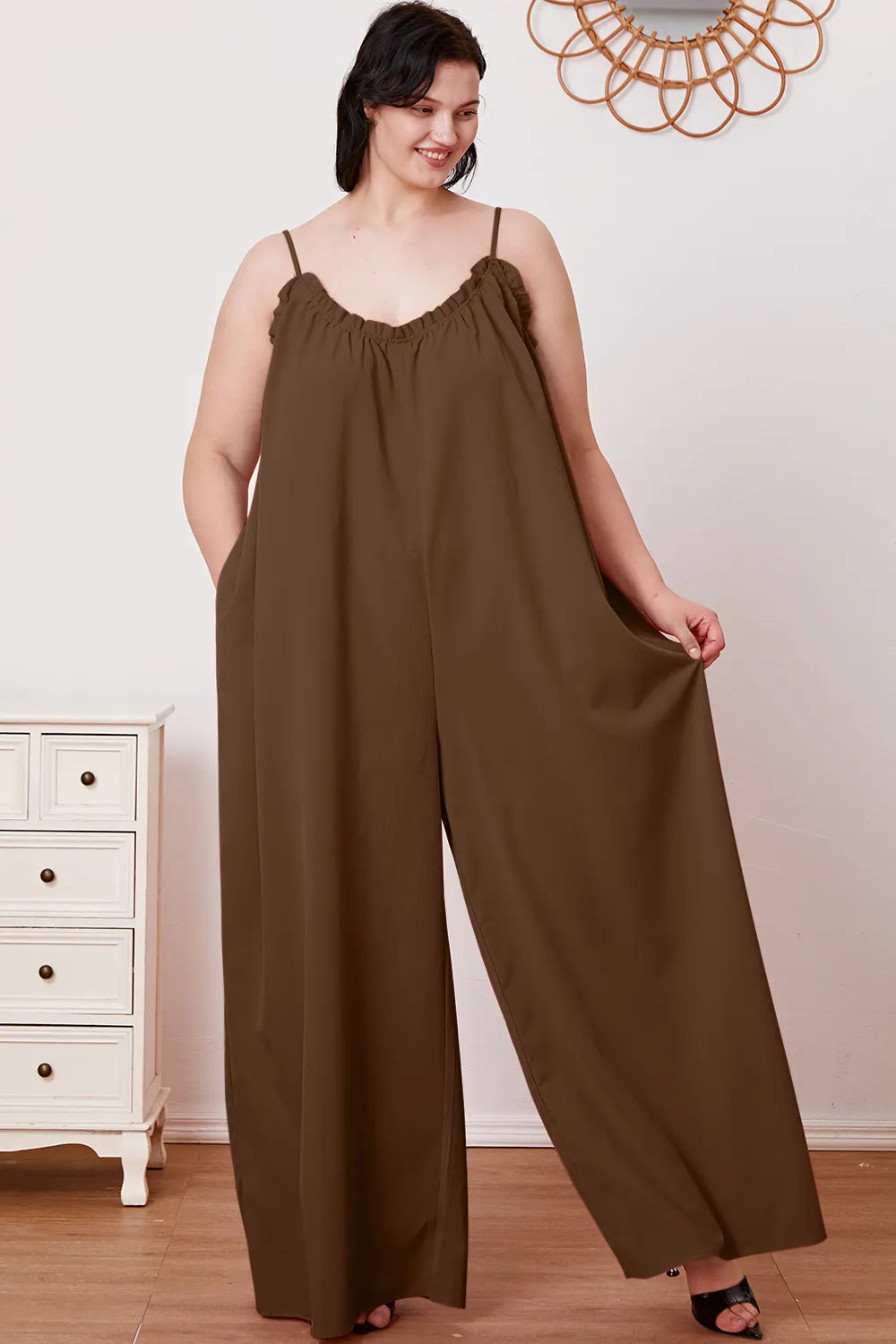 Double Take Full Size Ruffle Trim Tie Back Cami Jumpsuit with Pockets - Lilixa.store