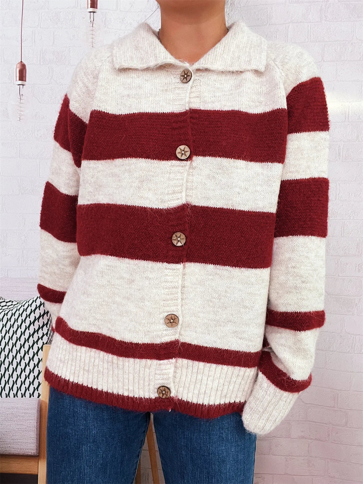 Striped Button-Up Cozy Cardigan - Lilixa.store