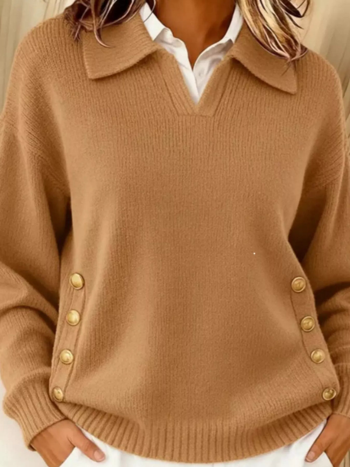 Full Size Decorative Button Dropped Shoulder Sweater Plus Size