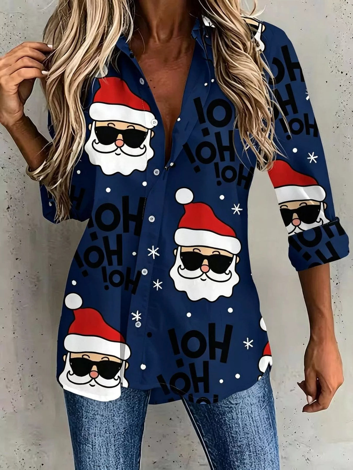 Full Size Christmas Santa Claus Print Button-Down Shirt Plus Size in Dark Navy