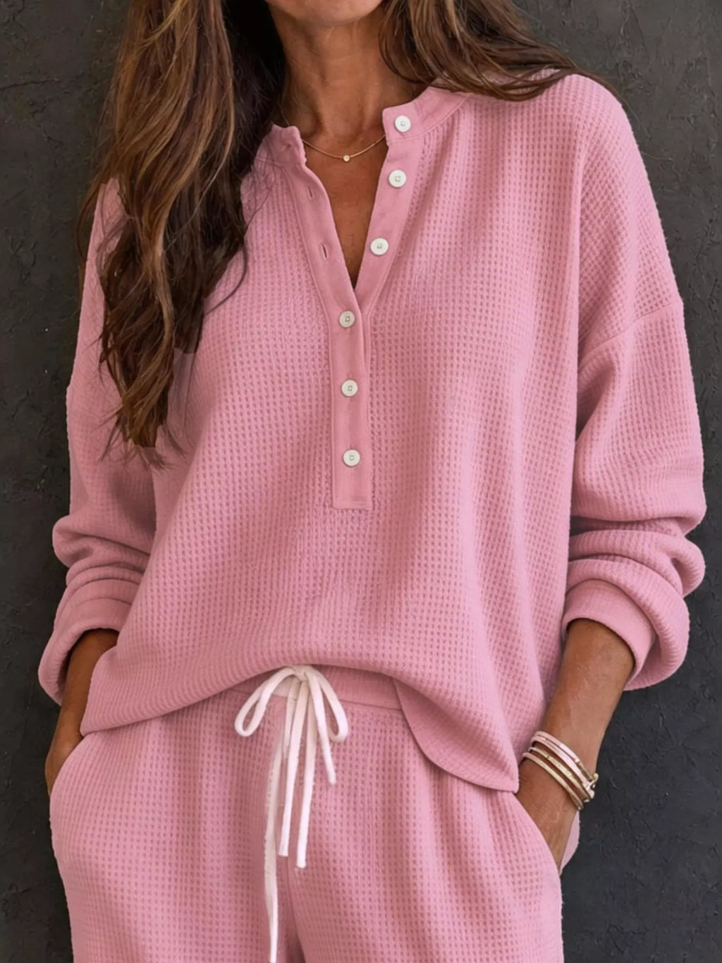 Waffle Knit Henley Top and Wide Leg Pants Set - Lilixa.store
