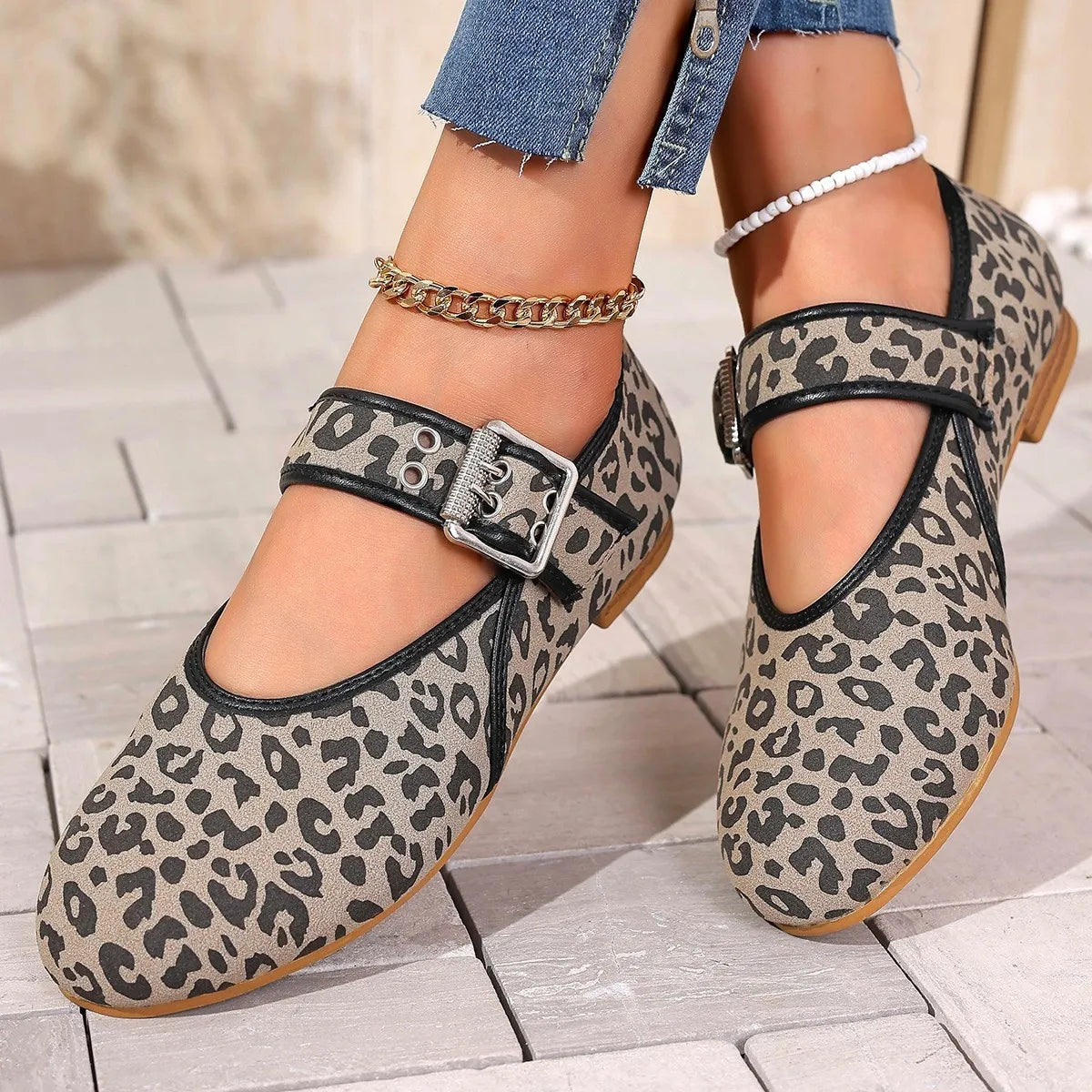 Leopard Print Mary Jane Loafers in Gray Leopard Print
