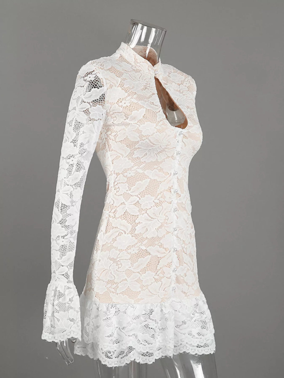 Lace Long-Sleeve Ruched Mini Dress - Lilixa.store