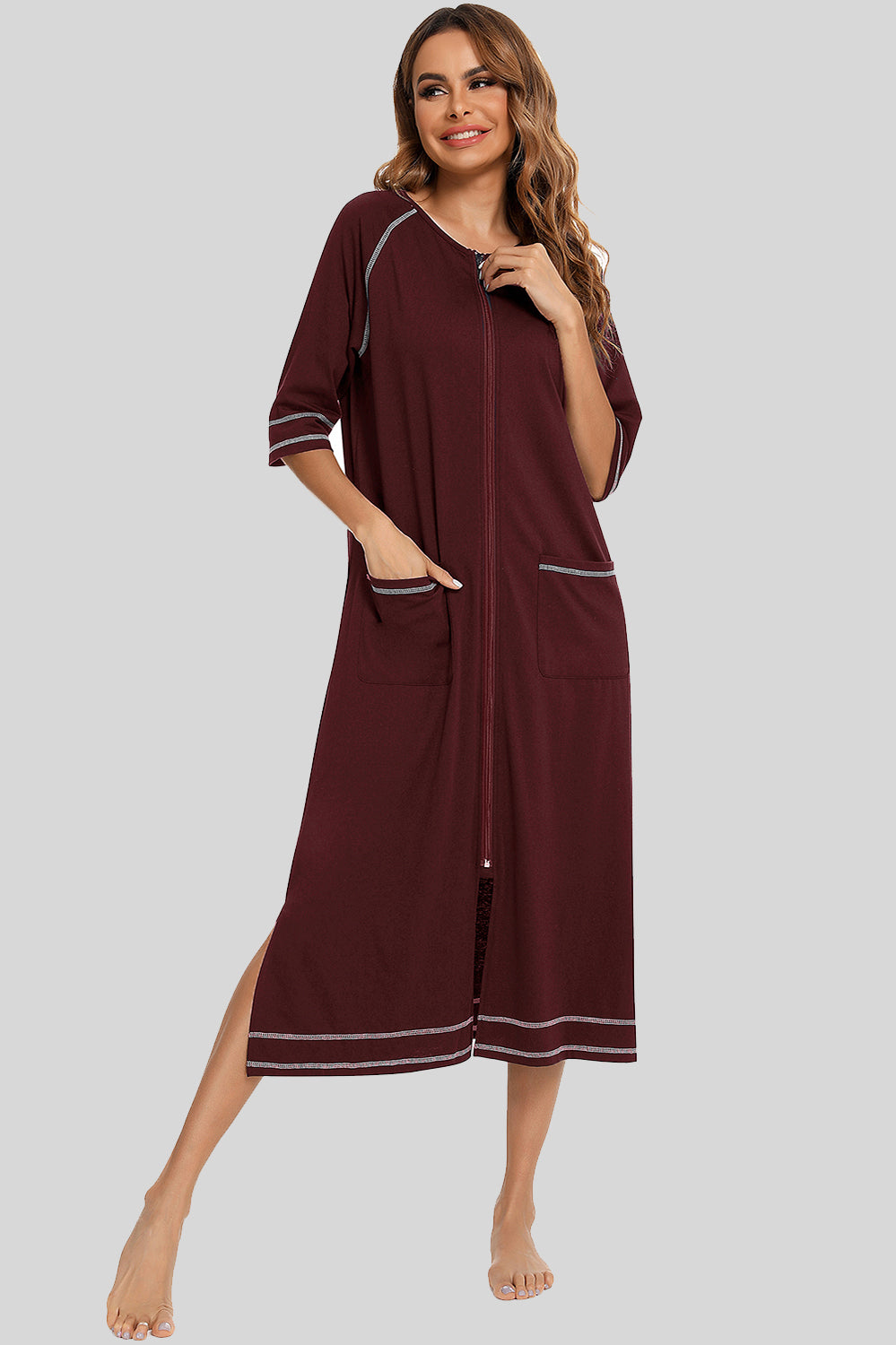 Zip Up Slit Round Neck Night Dress with Pockets - Lilixa.store