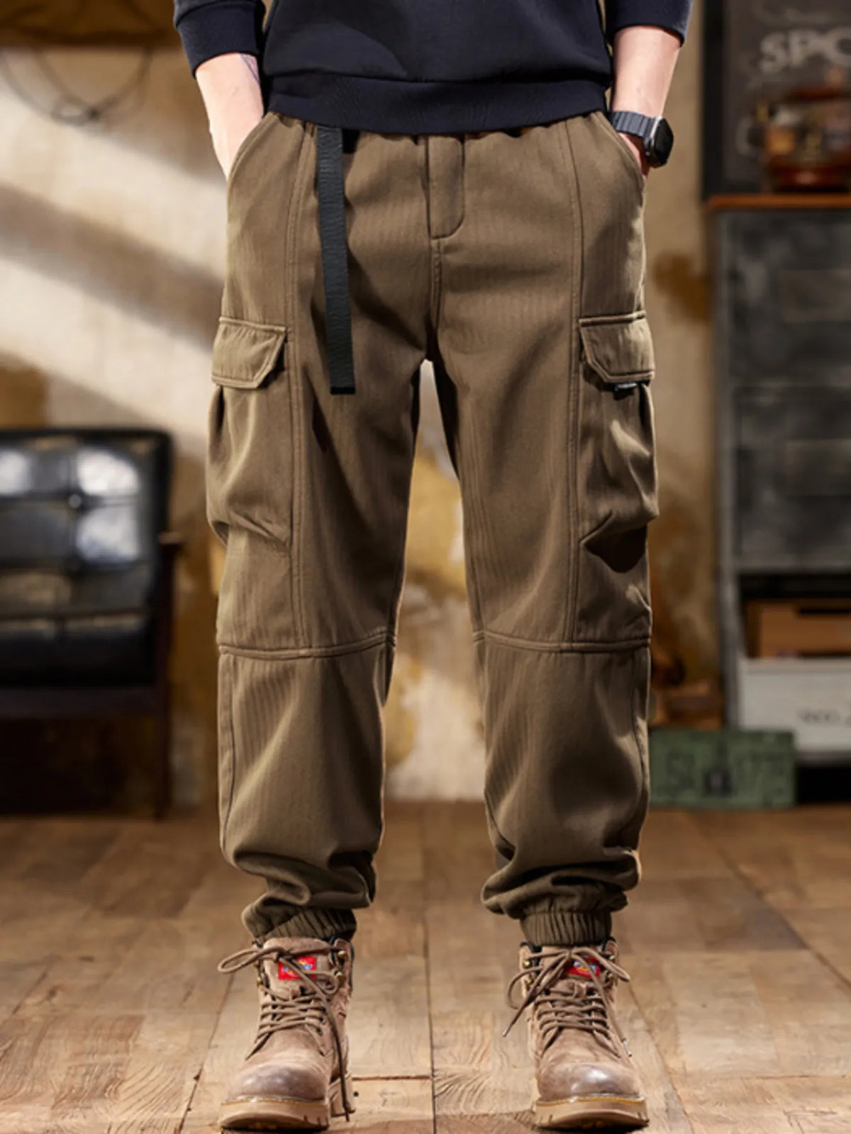 Men's Plus Size Casual Cargo Pants in Coffee Color