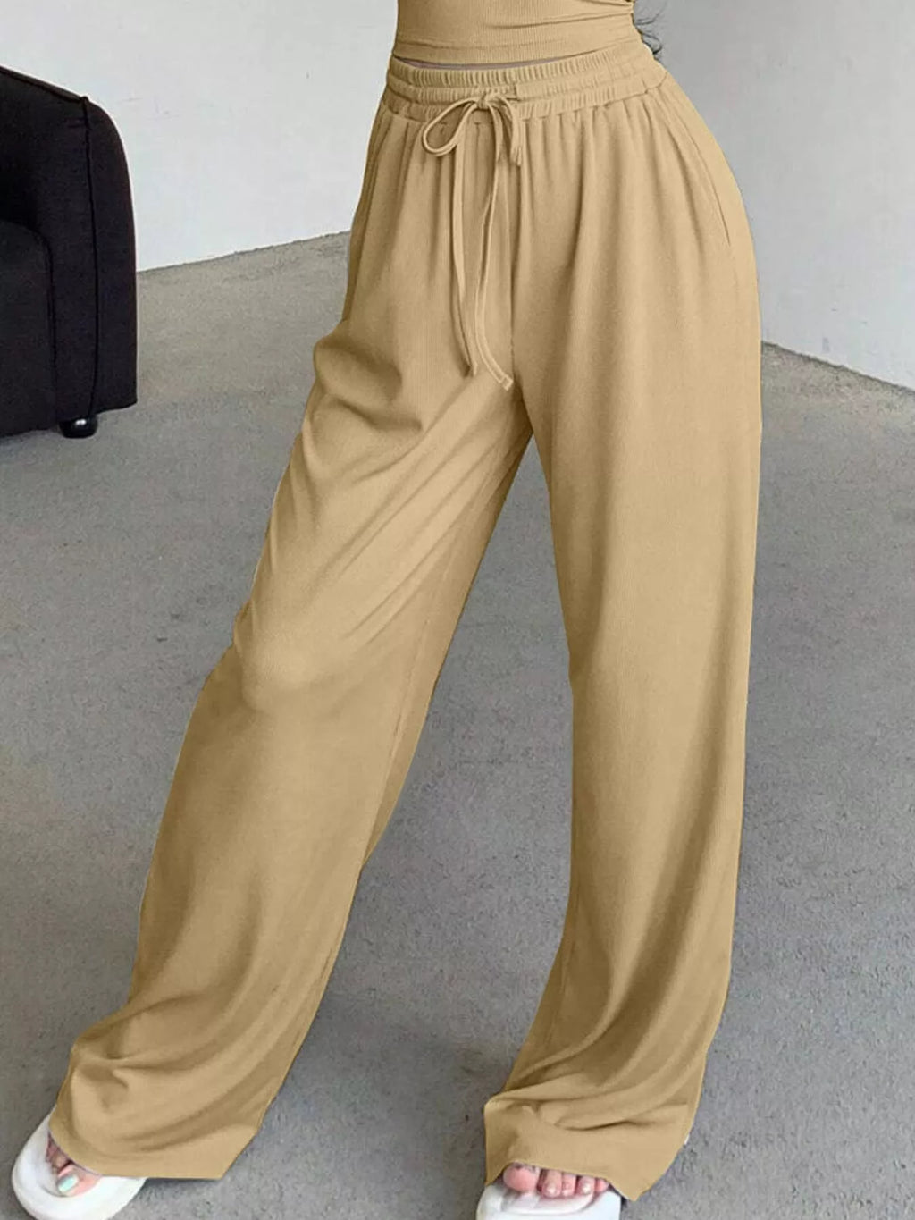 Solid Color Short Sleeve Crop Top and Wide Leg Pants Set - Lilixa.store