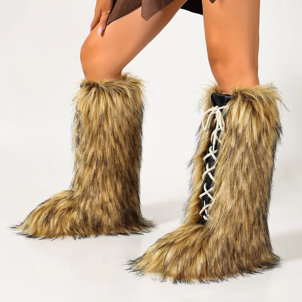 Luxury Faux Fur Lace-Up Winter Boots in Brown