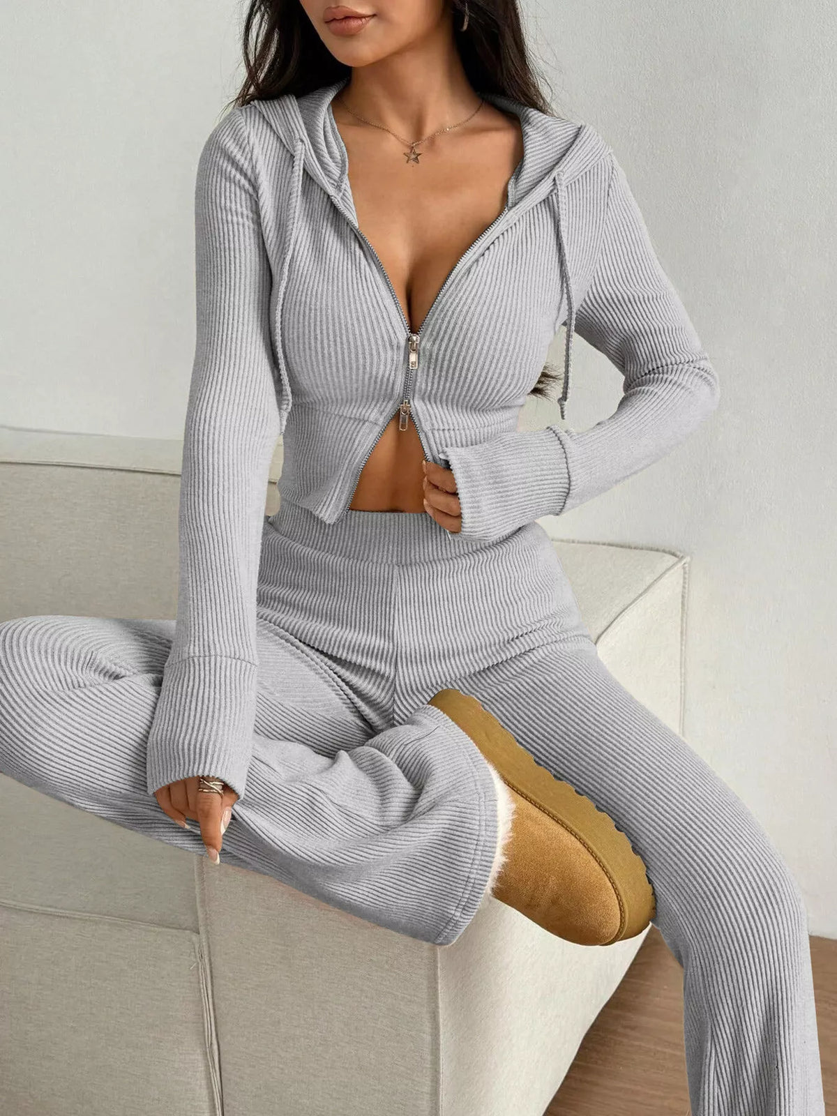 Ribbed Knit Zip-Up Hooded Top and Flared Pants Set