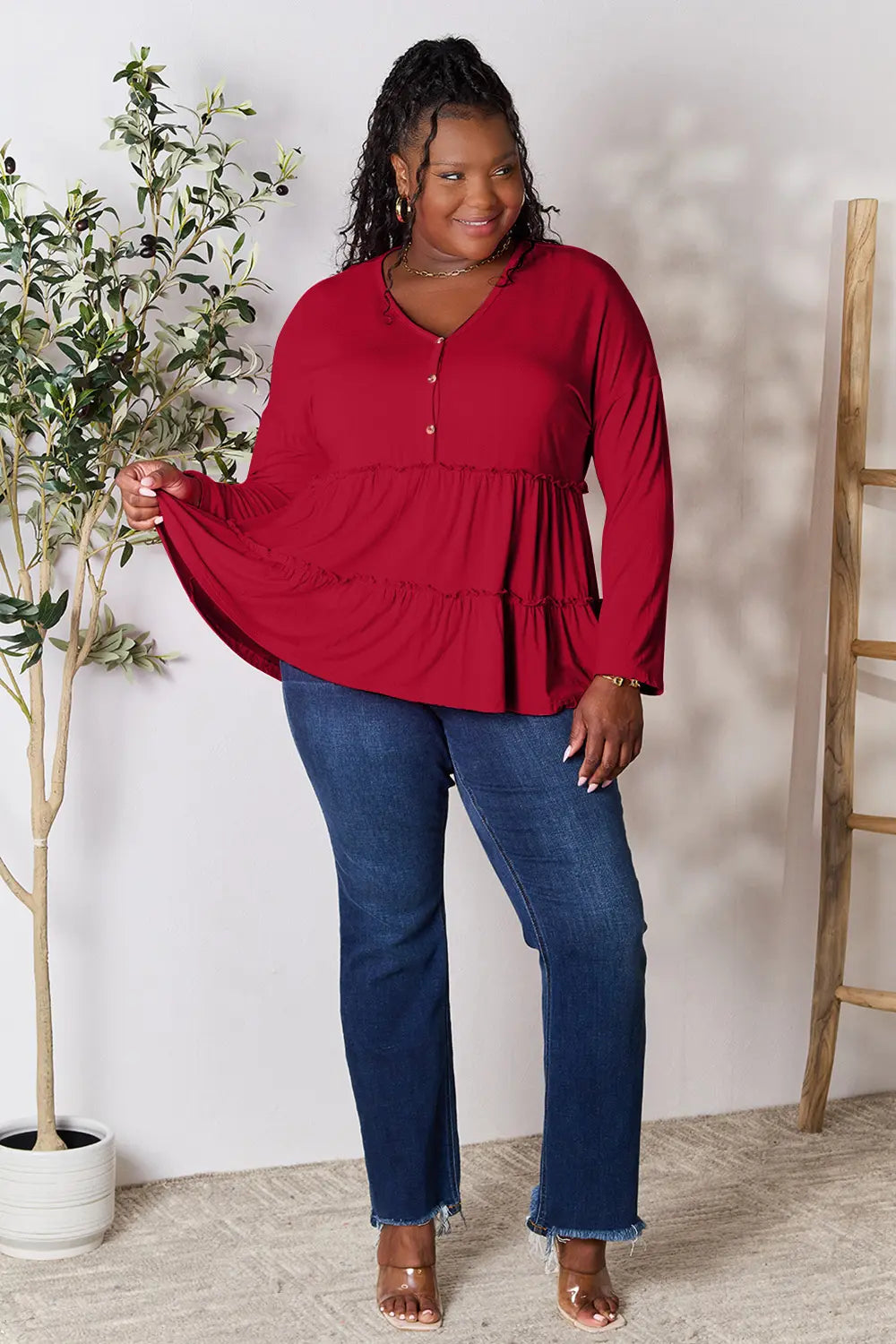 Double Take Half Button Long Sleeve Ruffle Hem Blouse - Lilixa.store