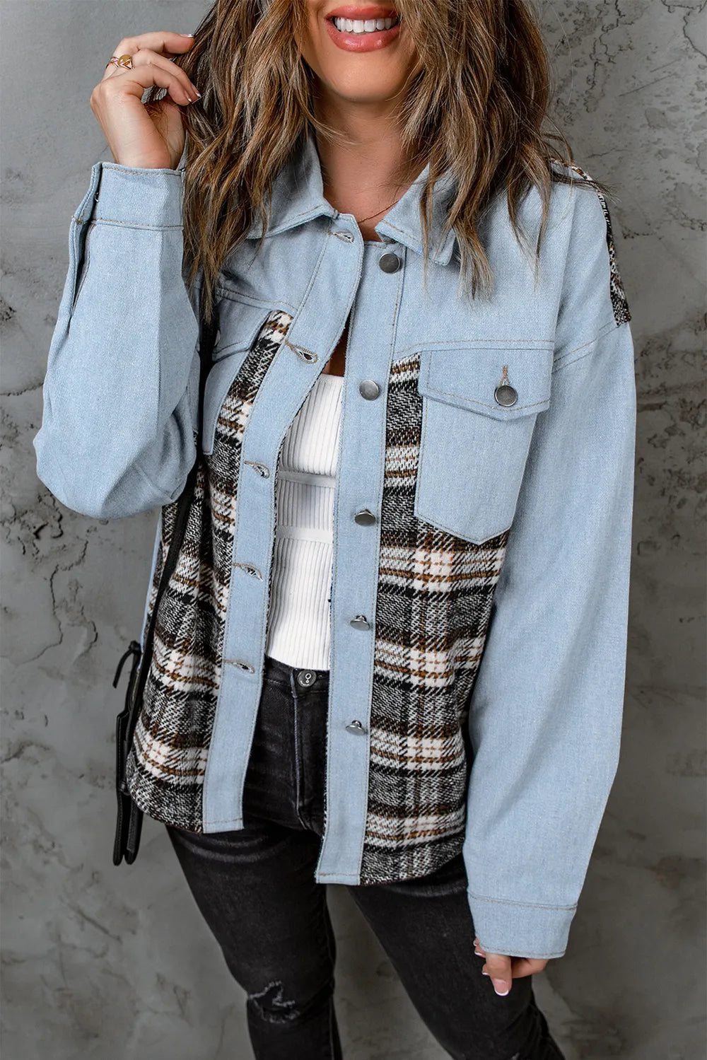 Plaid Pocketed Button Up Denim Jacket - Lilixa.store