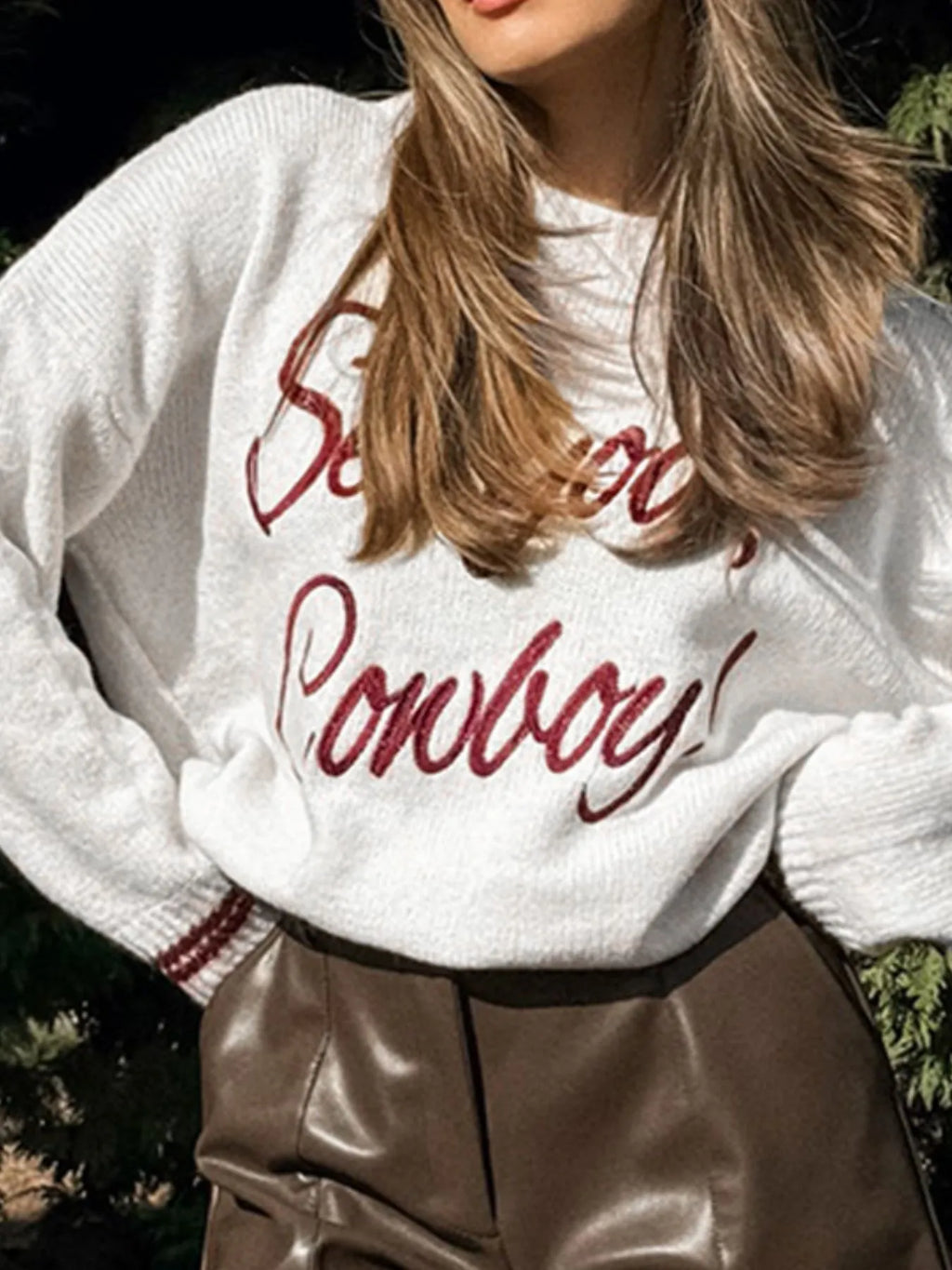 Letter Contrast Hem Round Neck Sweater - Lilixa.store