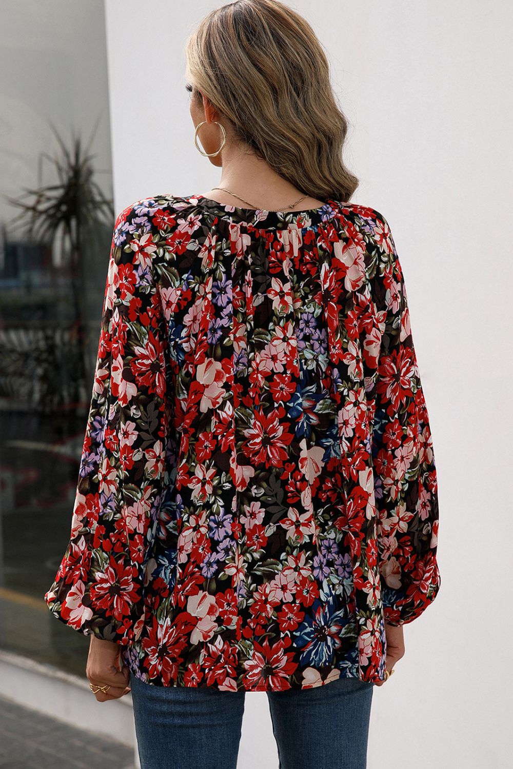 Ivy Lane Floral Print Balloon Sleeve Ruched Blouse in Red, view 2